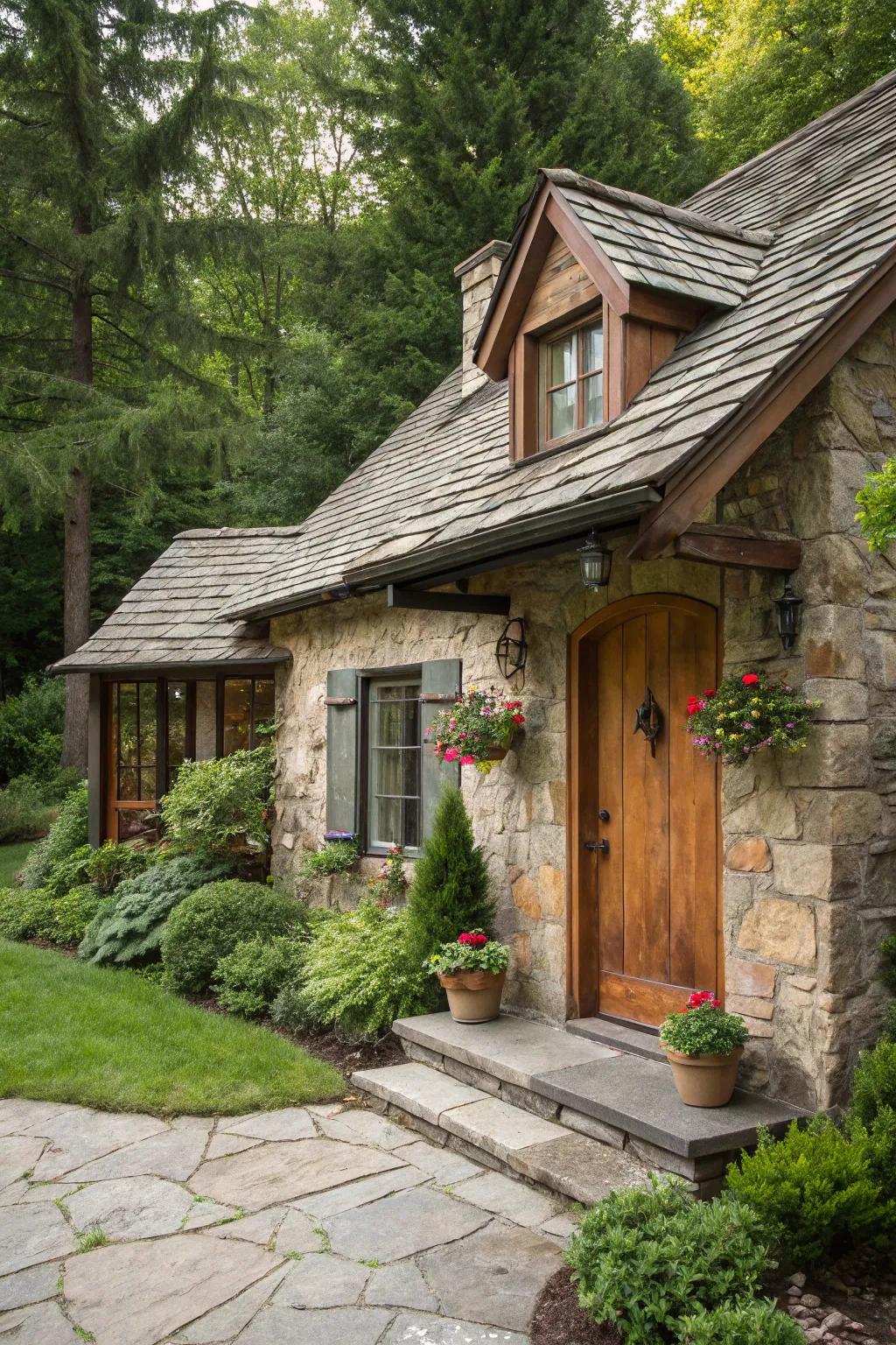 A cozy cottage-style house showcasing a rustic cobblestone facade.