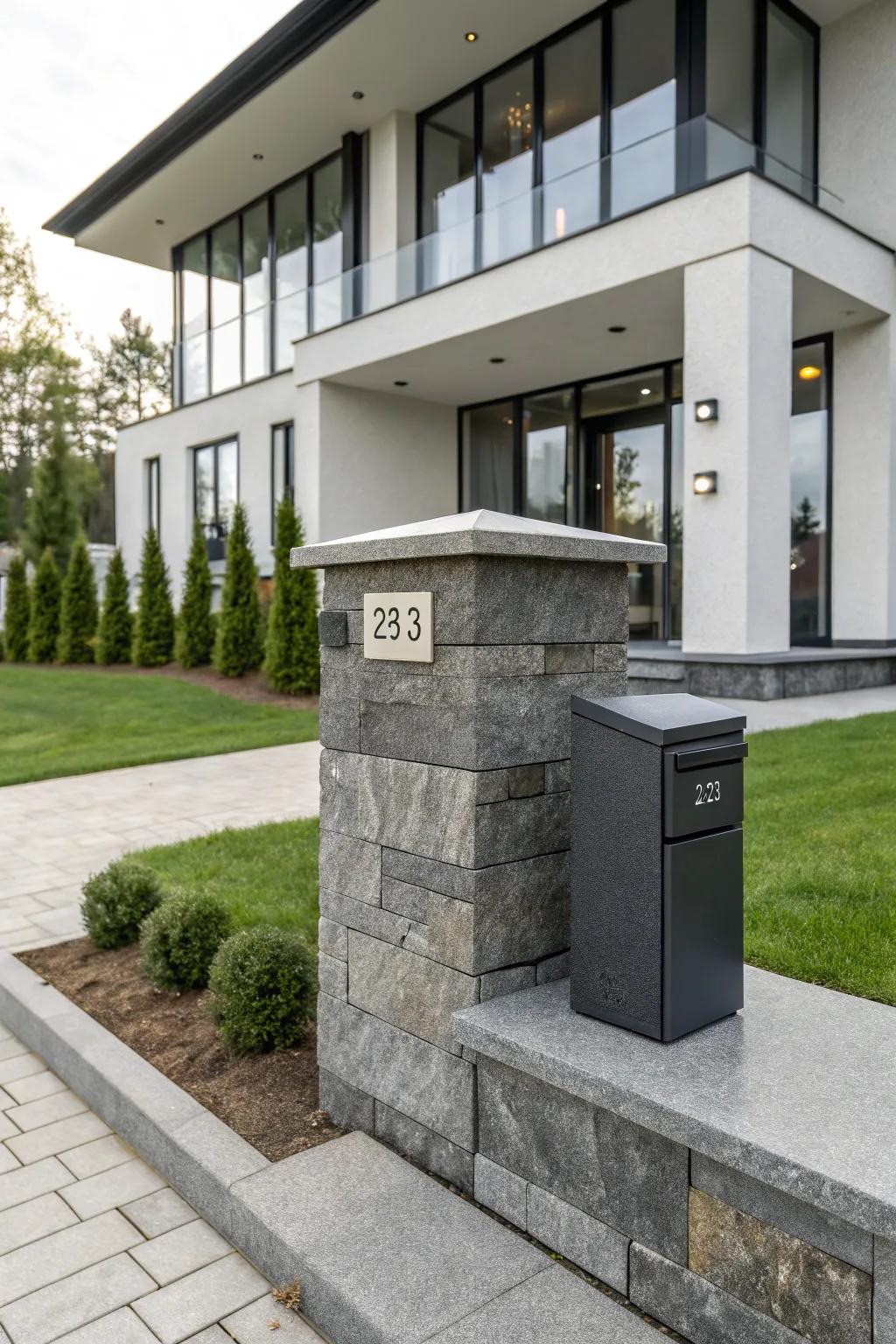 A minimalist fieldstone mailbox pillar showcasing modern simplicity.