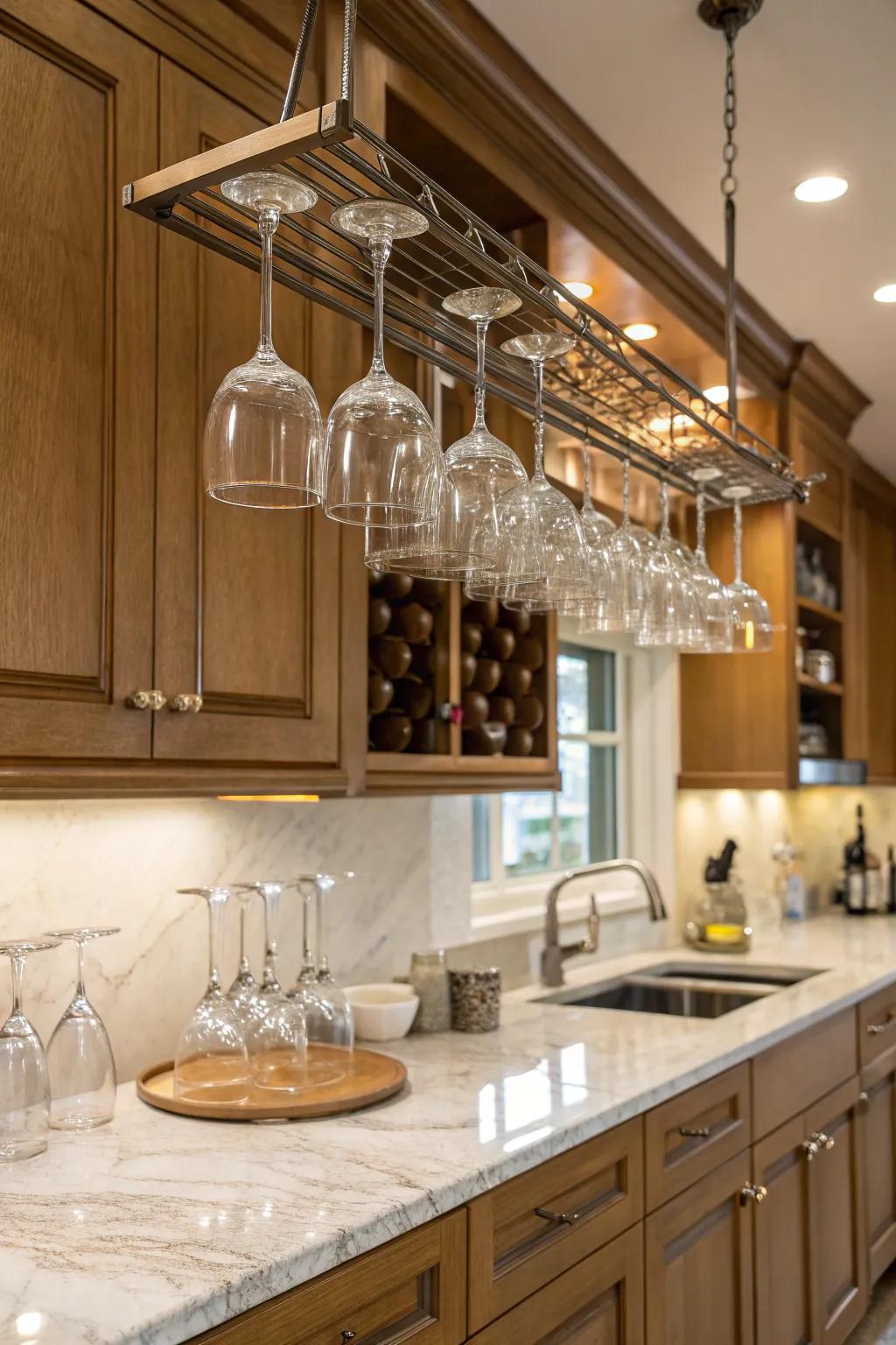Hanging racks offer fashionable and space-saving storage for stemware.