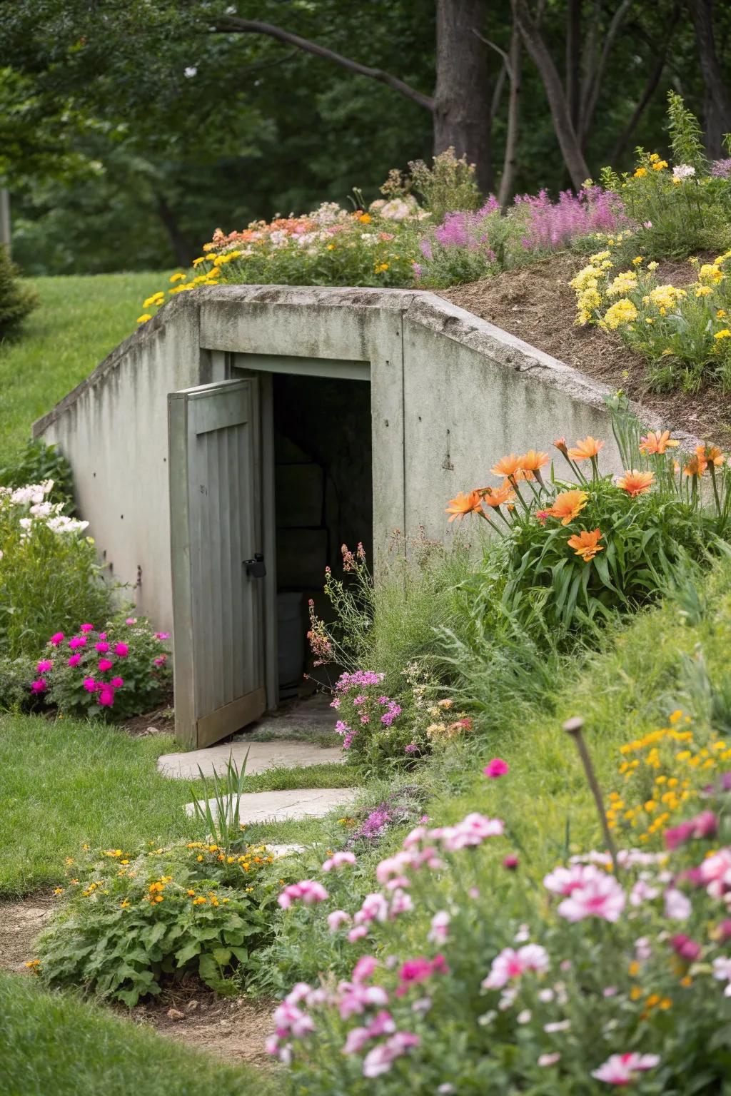 Radiant blooms turn a storm shelter into an eye-catching, colorful centerpiece.