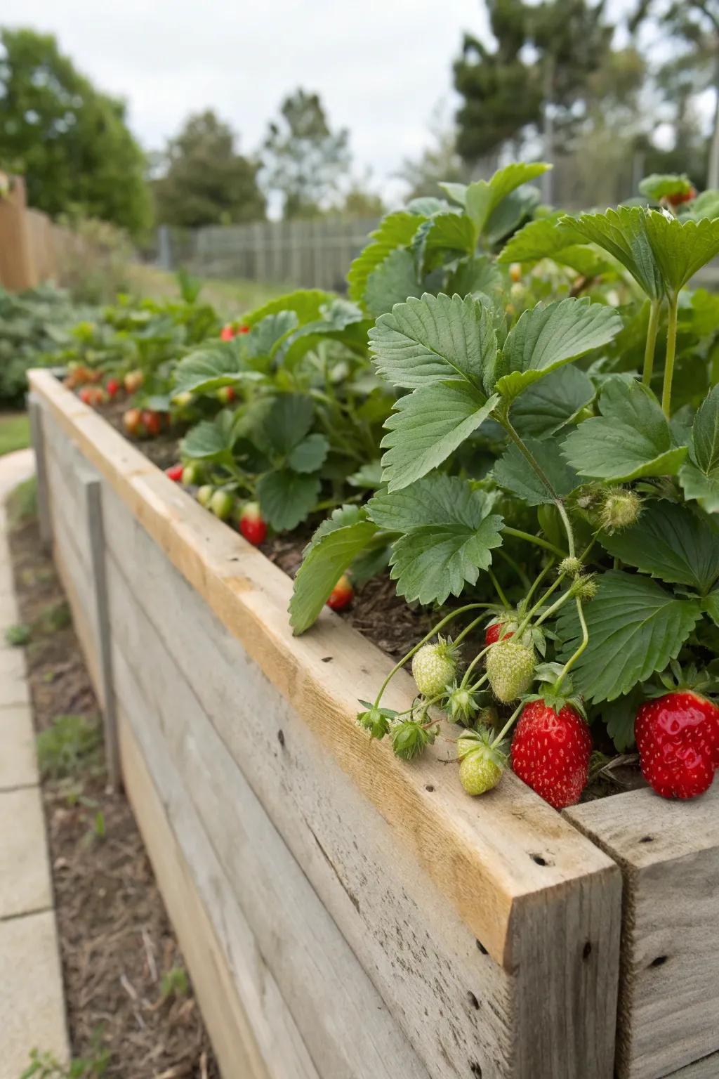 Strawberries prospering in an appealing wooden raised bed.