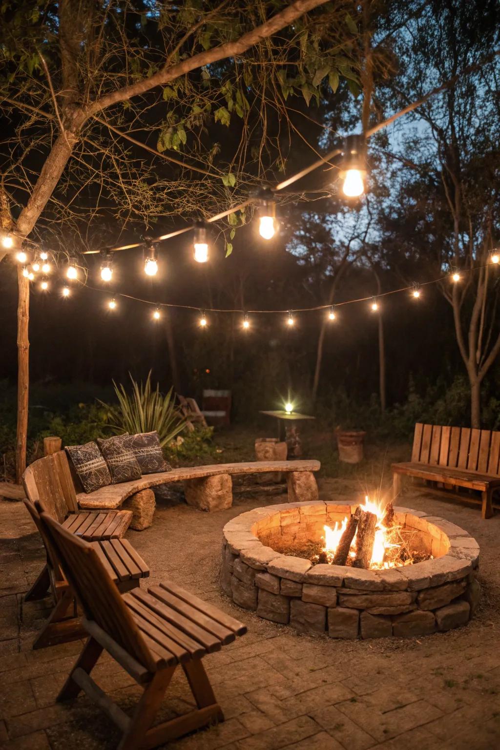 Antique bulbs cast a gentle, nostalgic glow above the fire pit.