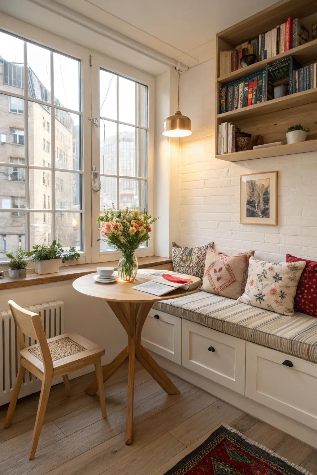 A welcoming eating space is created by a comfortable nook with attached benches.
