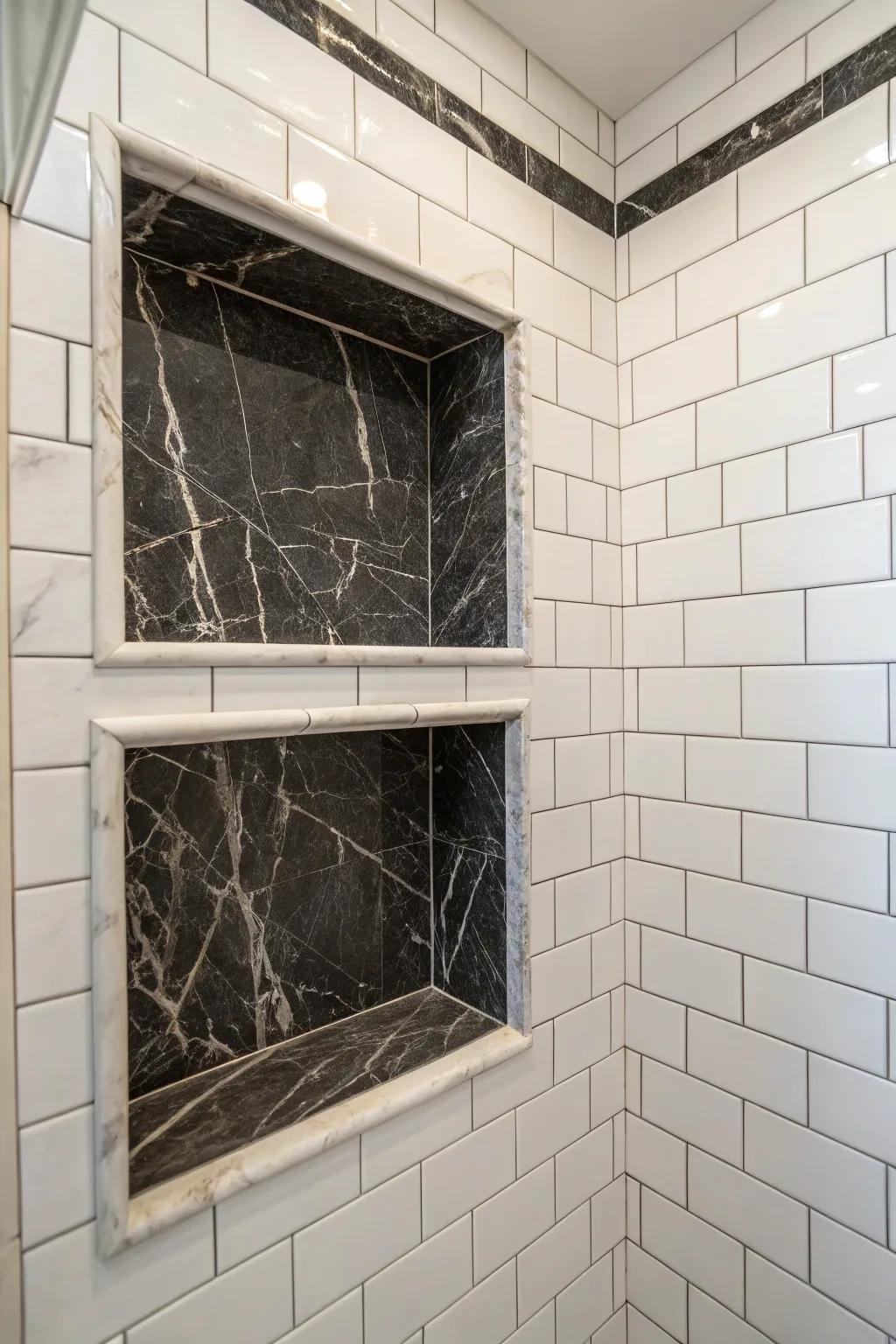 A refined niche showcasing contrasting granite tiles.