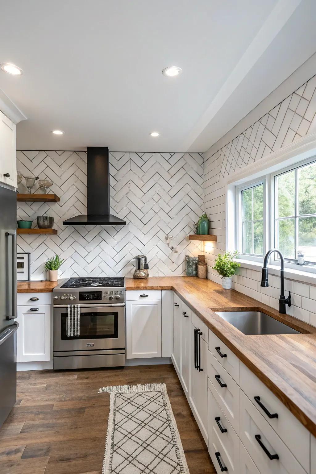 The herringbone pattern gives this kitchen a sophisticated and fashionable touch.