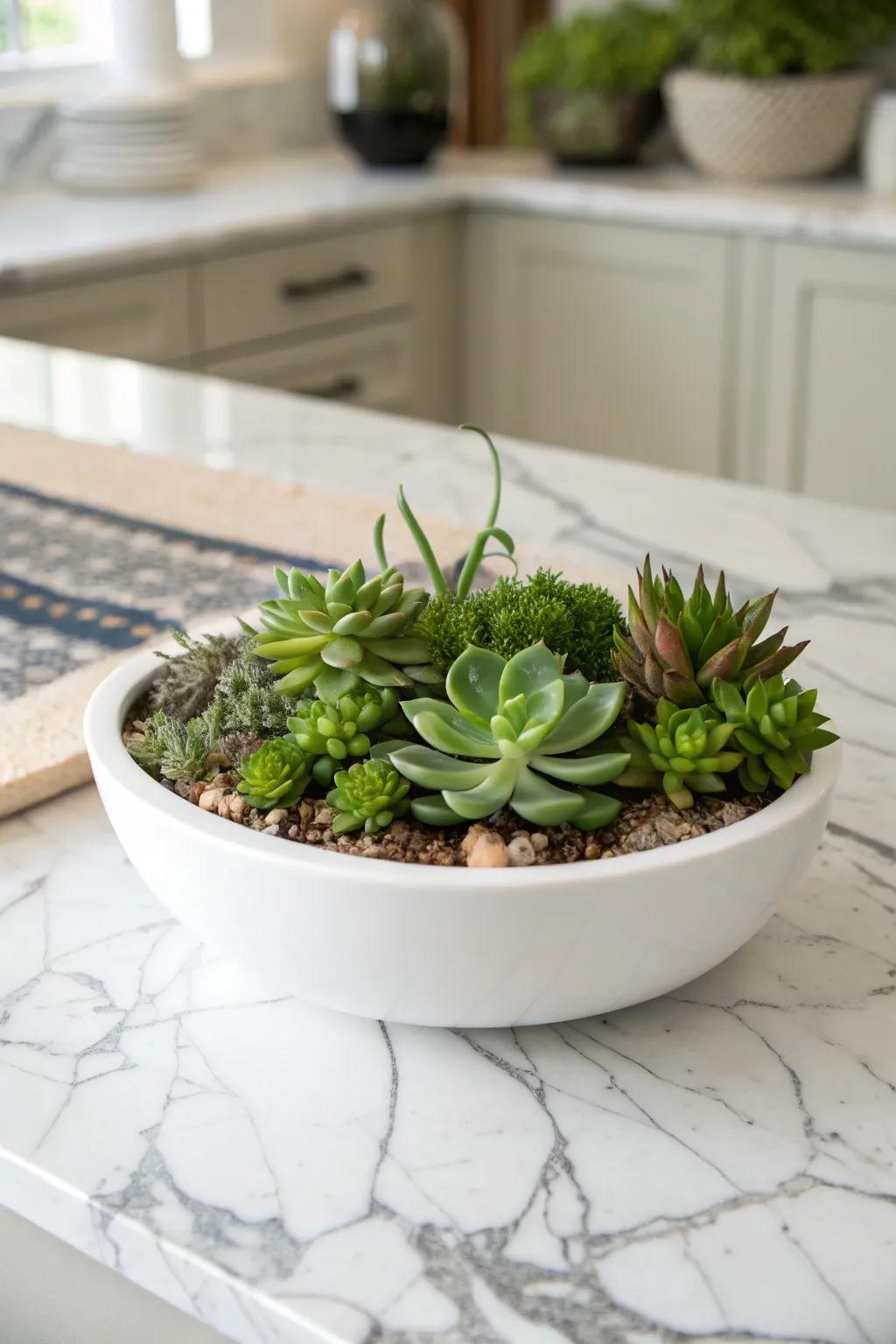 A modern succulent garden in a simple ceramic container.
