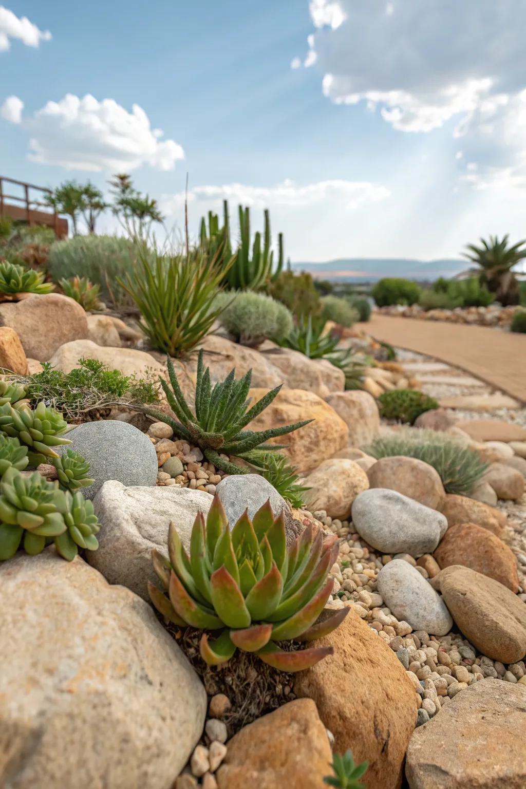 An organic rock display featuring succulents nestled among stones and pebbles.