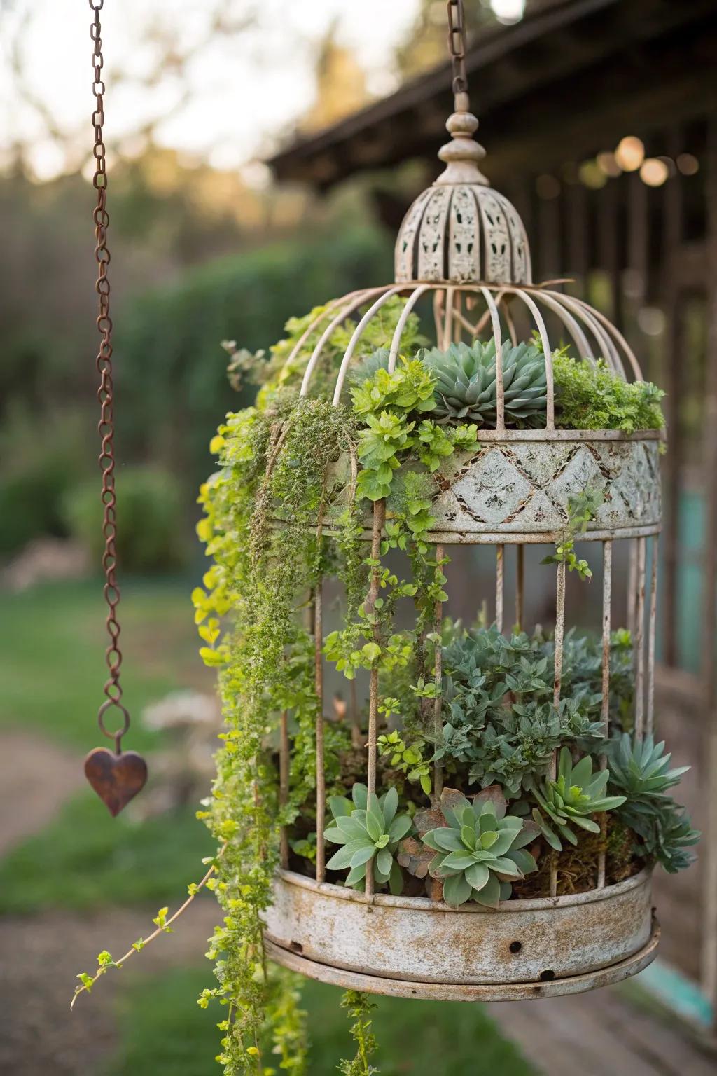 A quirky birdcage garden gives an air of mystery and appeal.