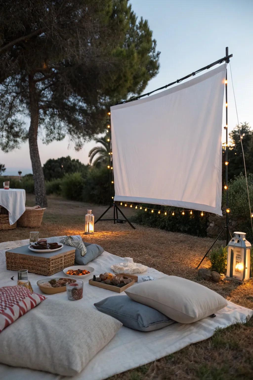 An enchanting outdoor movie night arrangement.