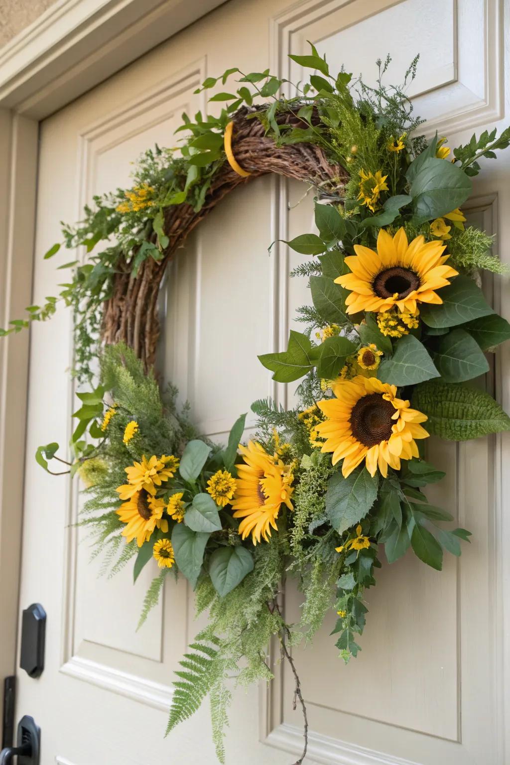 A sunburst adornment imparts a hint of summer to your entrance.
