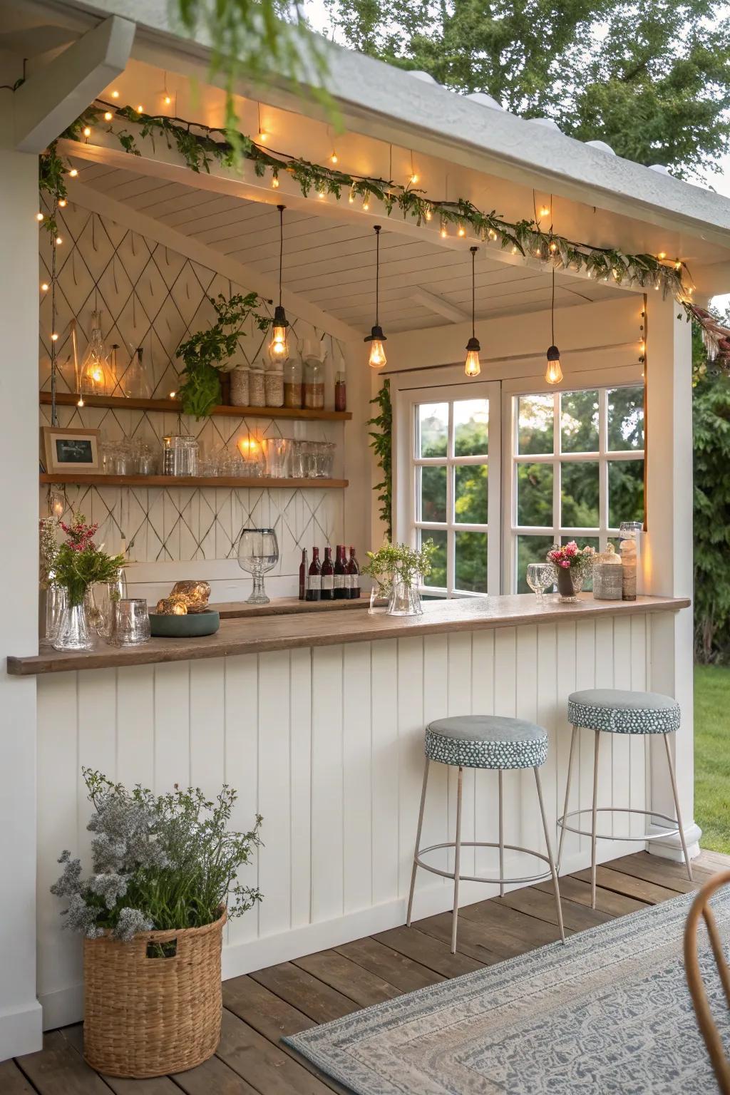 An elegant, small-scale bar with wall-mounted shelves, perfect for more modest spaces.