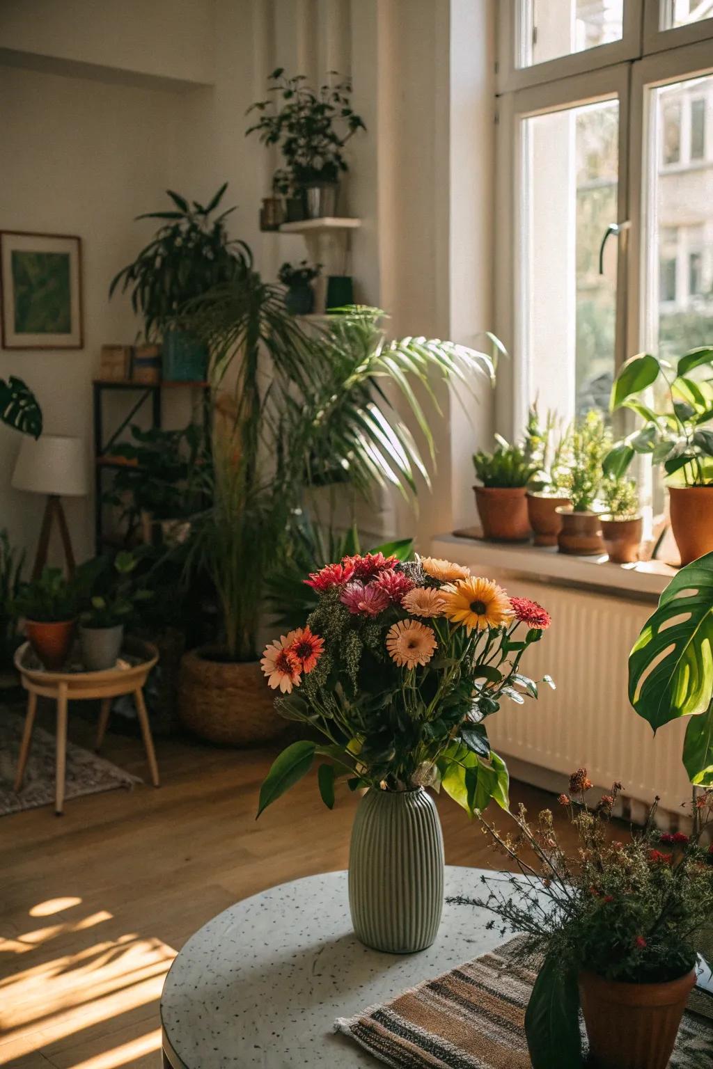 Abundant greenery and vibrant flowers brighten up the indoors.