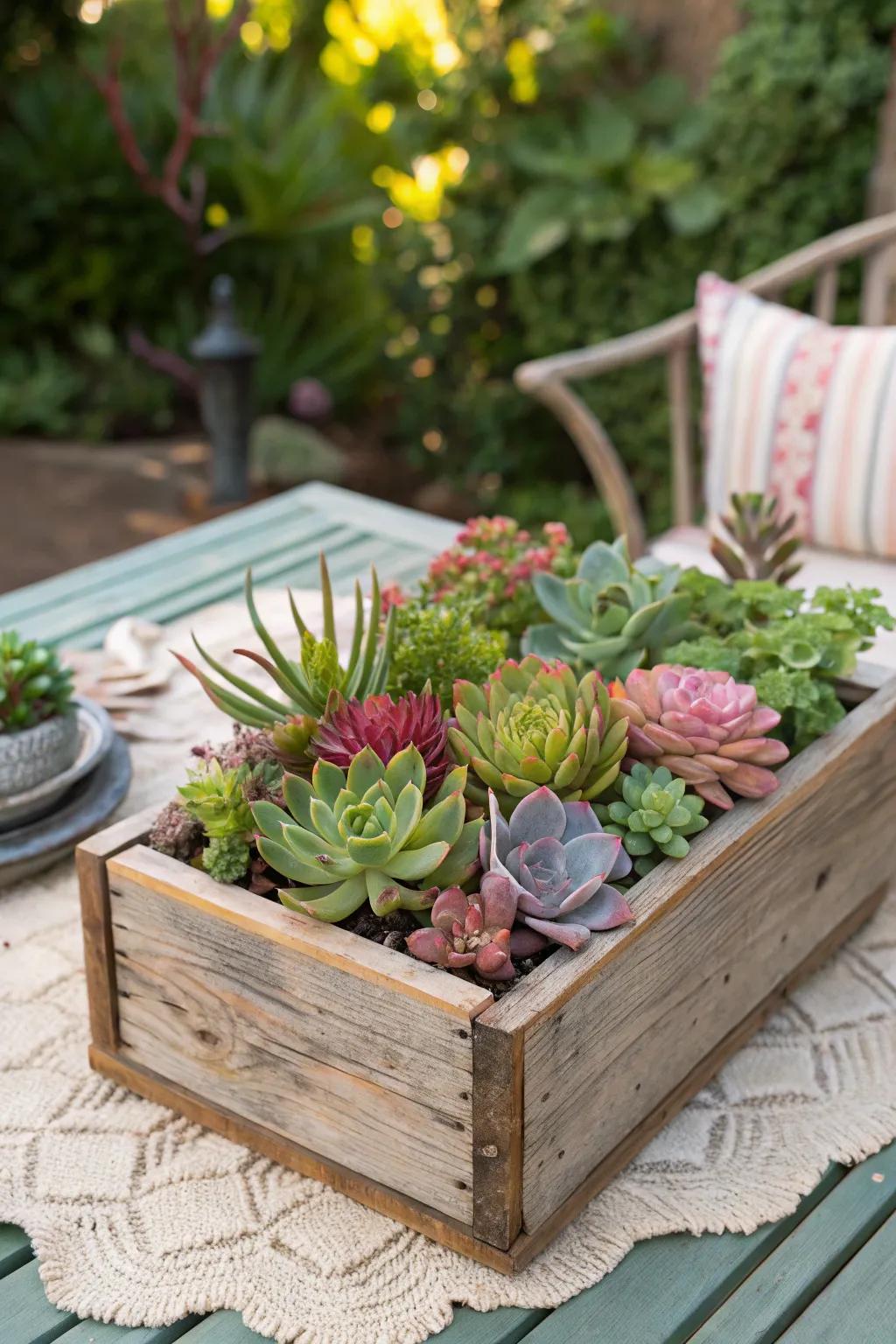Colorful succulents presented in a weathered timber box