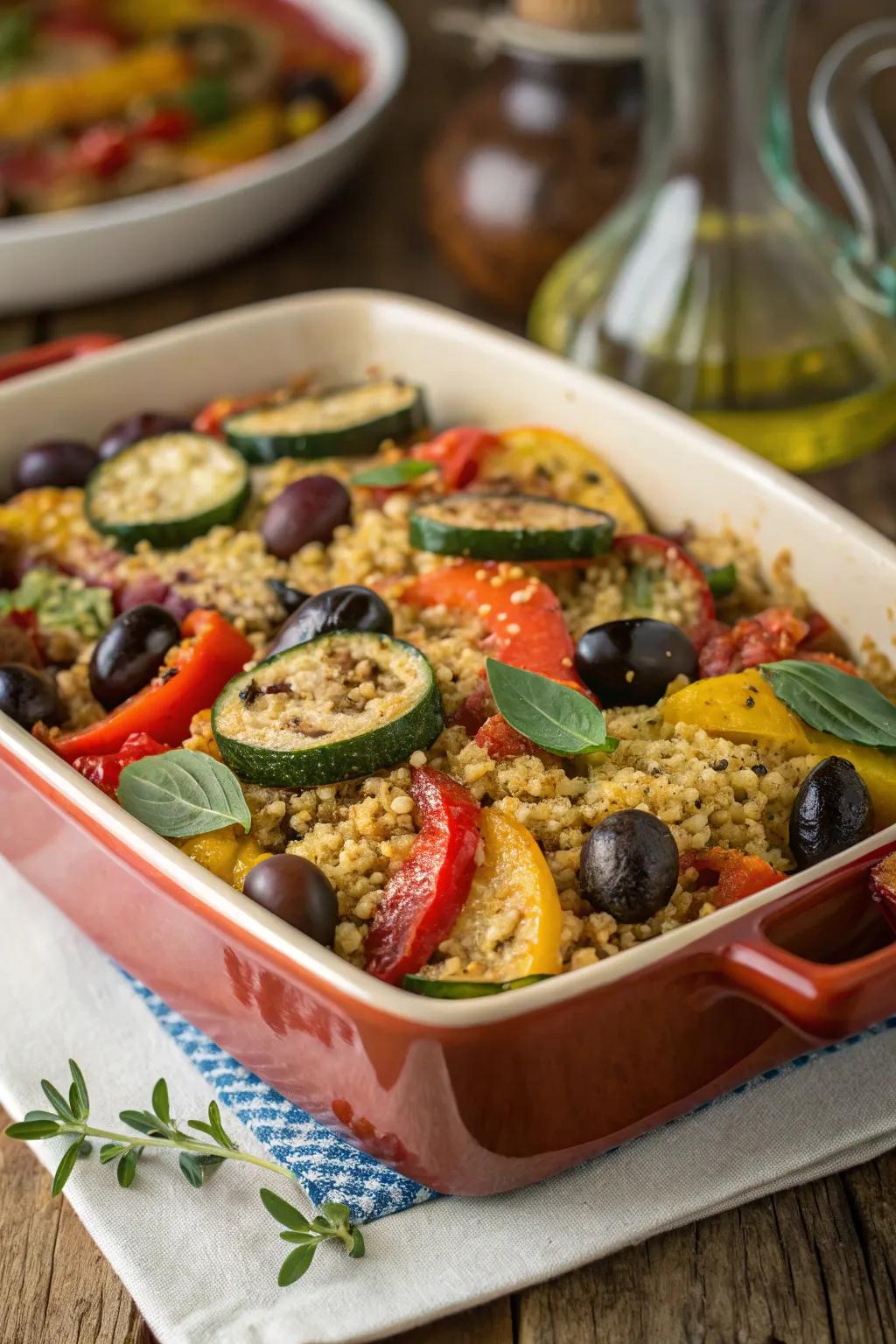 A Mediterranean quinoa bake, brimming with vibrant tastes and colors.