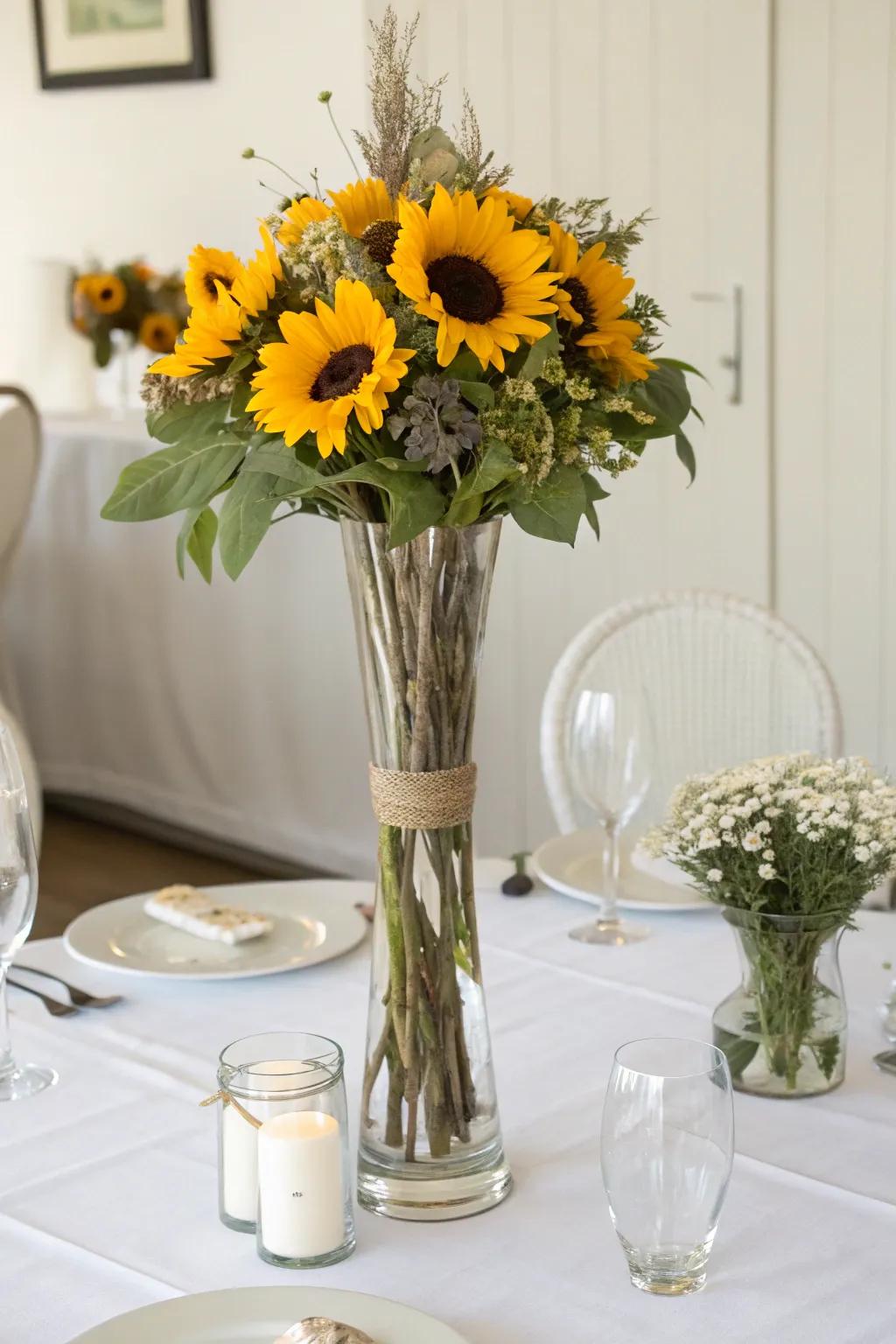 Elevate your dining table with sunflowers in a glass vase.