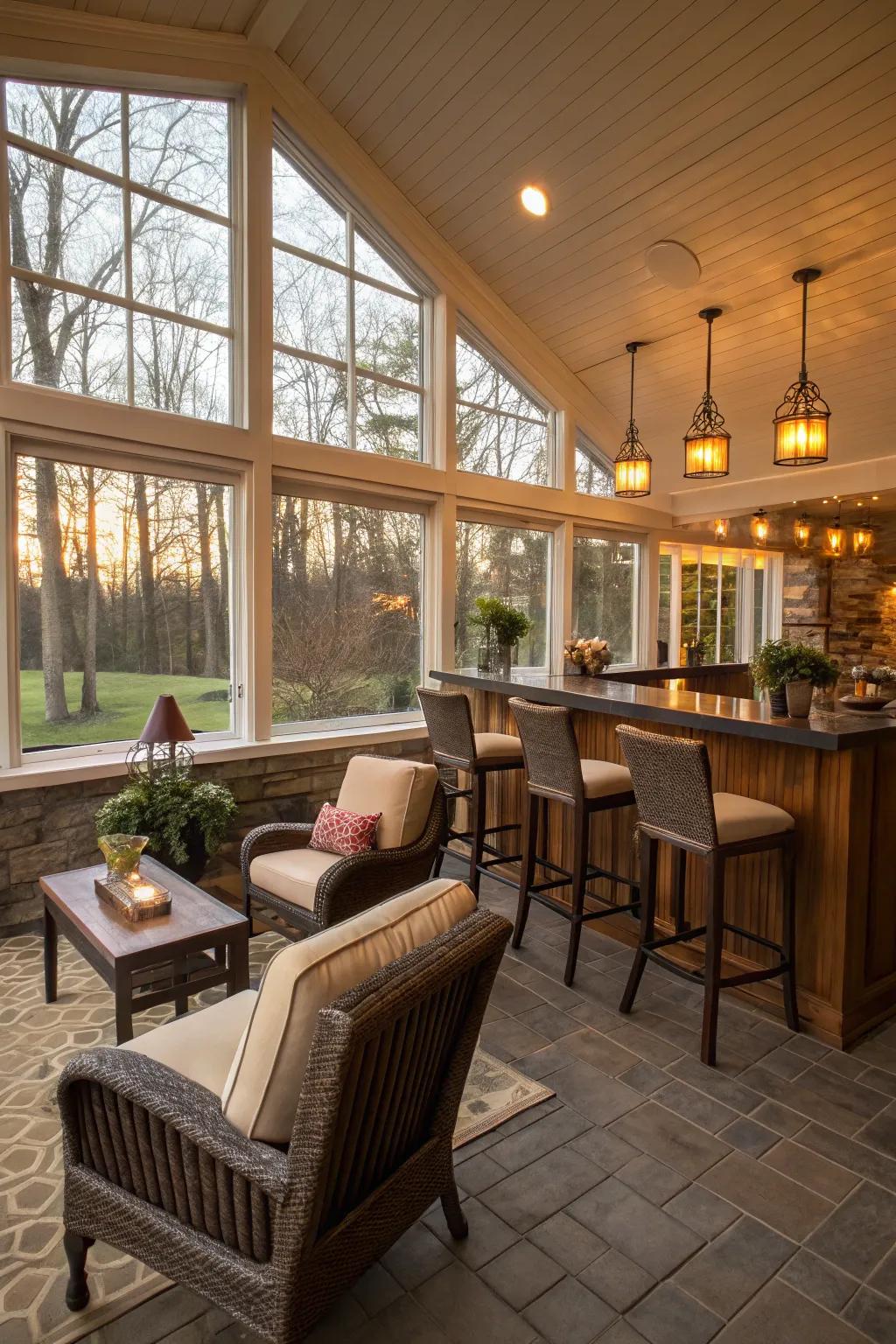 A relaxing seating space in your sunroom bar encourages social interaction and coziness.