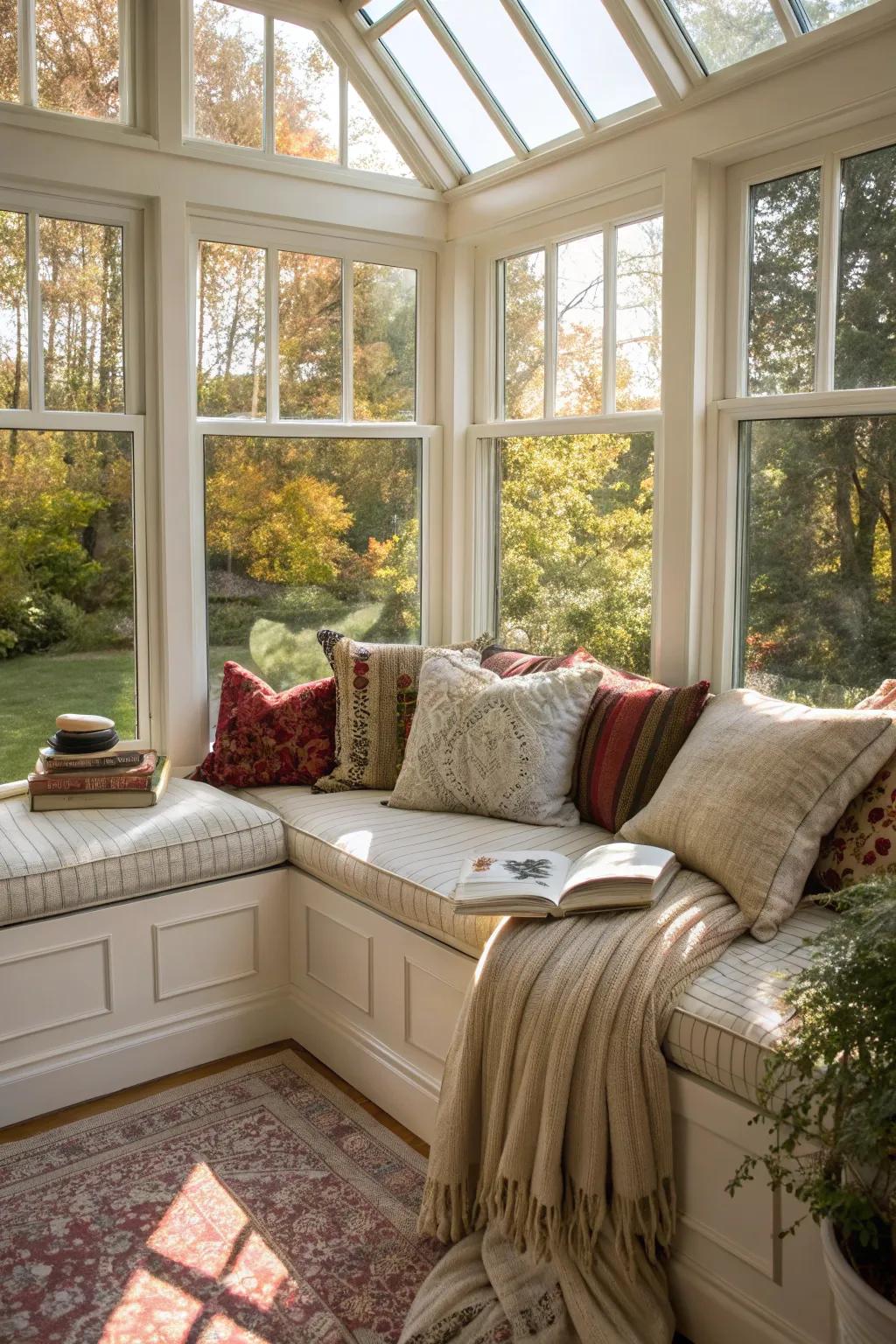 Bay windows craft a cozy spot for reading in your sunroom.