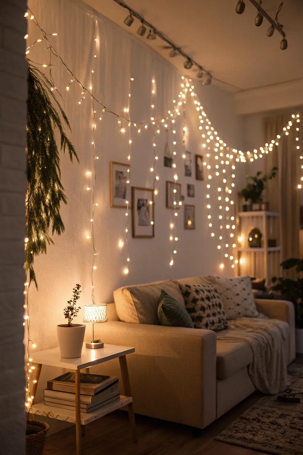 An inviting space bathed in the glow of shimmering lights.