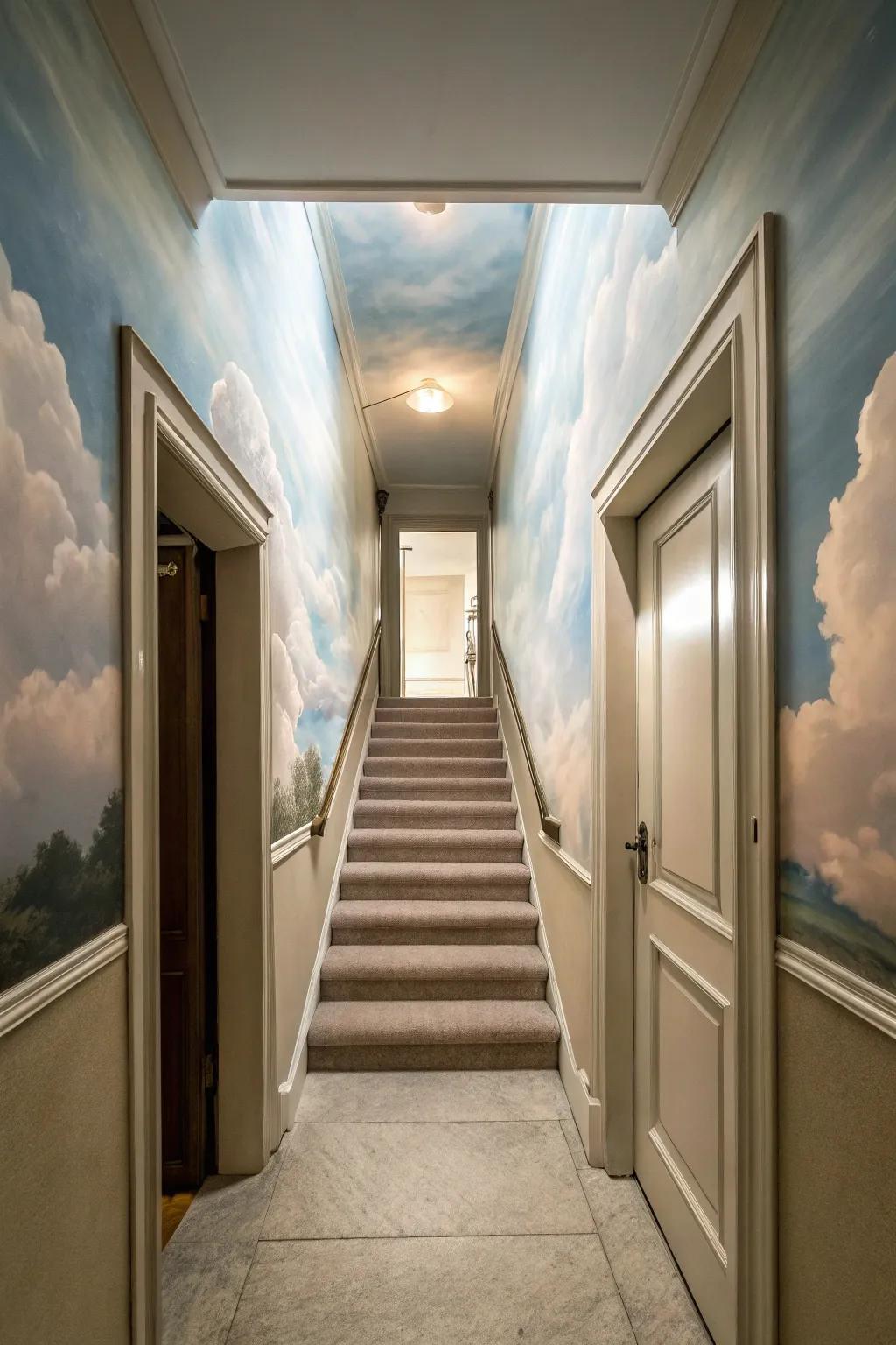 A hallway featuring stairs that ascend into a surreal sky.