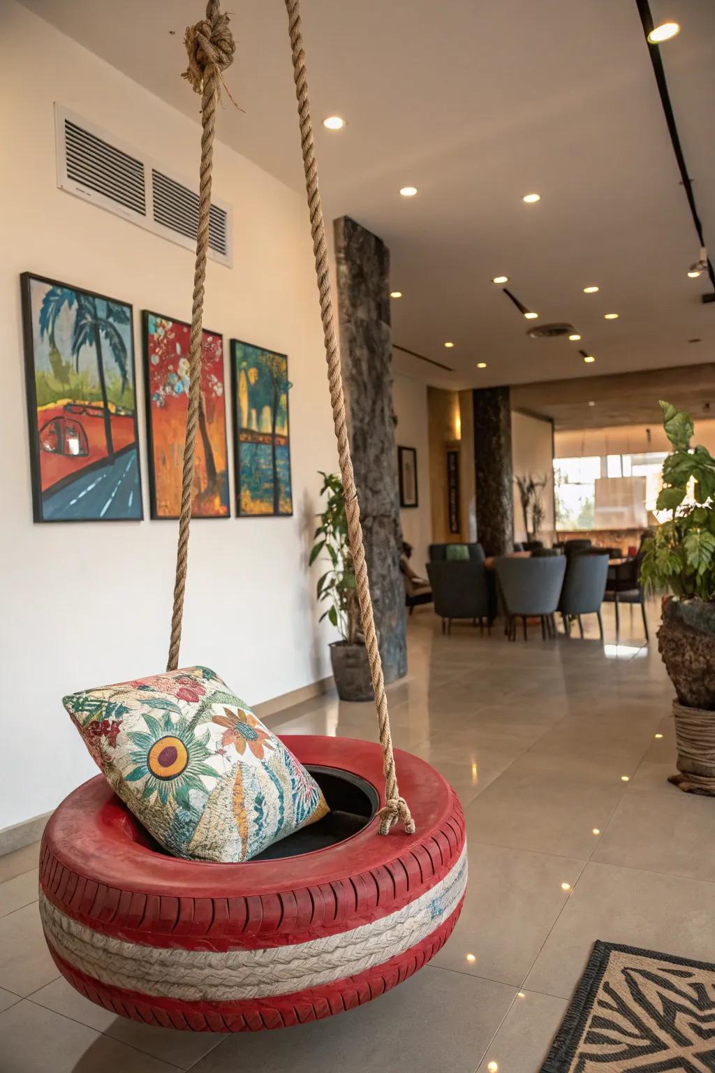 Create a striking statement with a repurposed rubber swing in your living room.