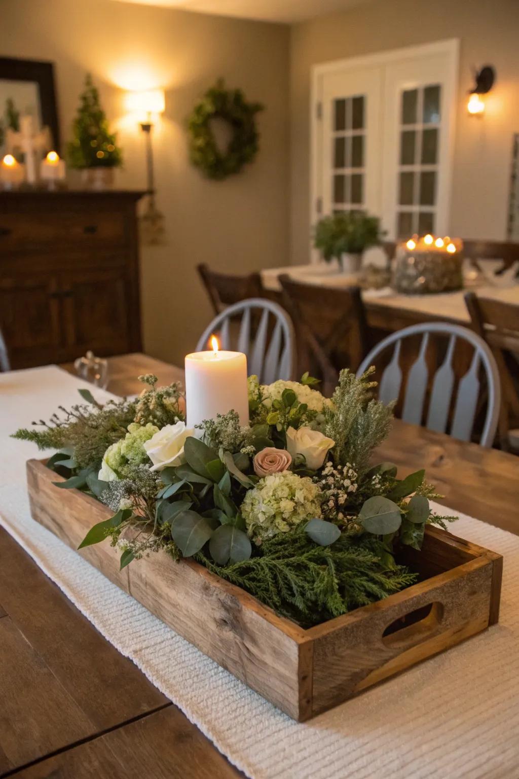 A rustic centerpiece that features natural wood paired with lush greenery.