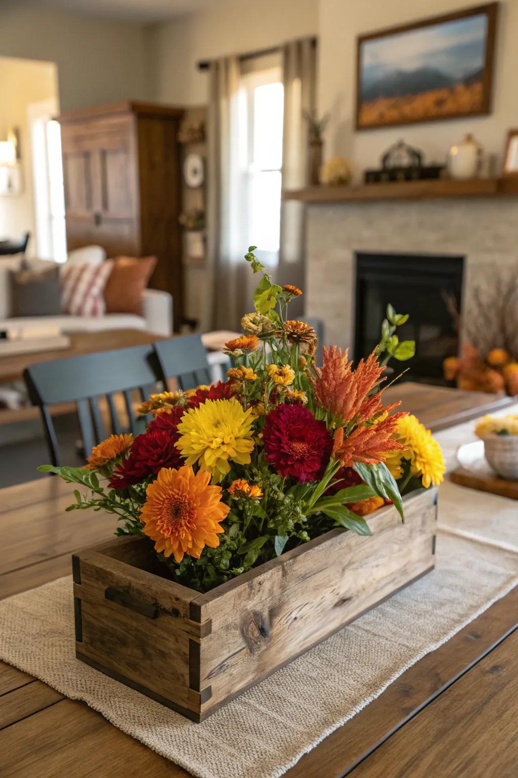 A natural wood container overflowing with autumnal flowers, adding warmth and charm to the setting.