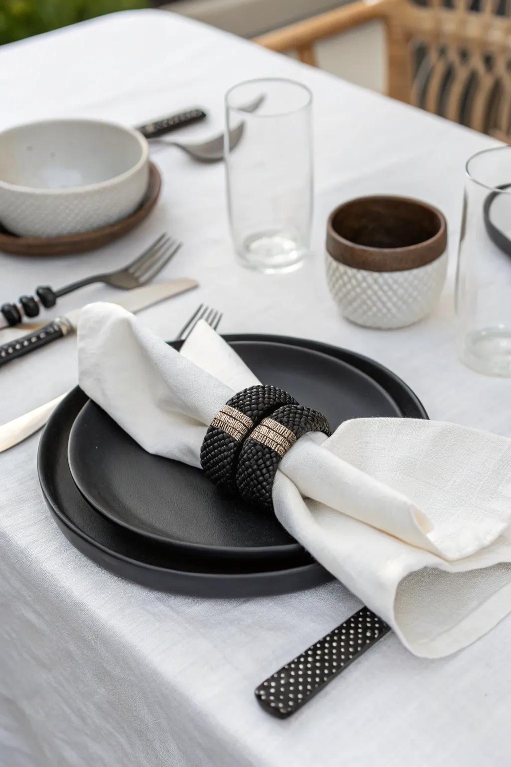 A sleek, modern table arrangement featuring black napkin rings.
