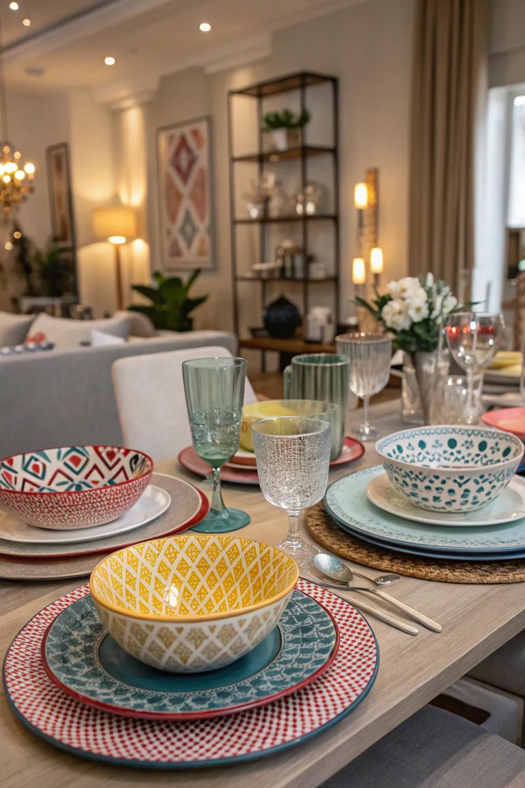 Eclectic assorted dinnerware combination that provides a distinctive table arrangement.