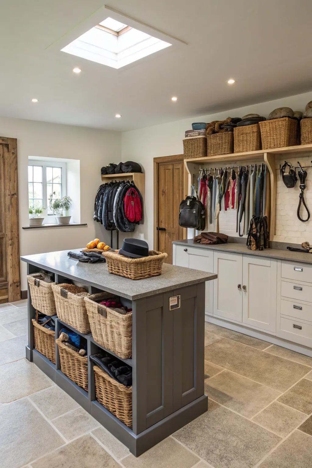 A tack room equipped with a central island for organizing and working.