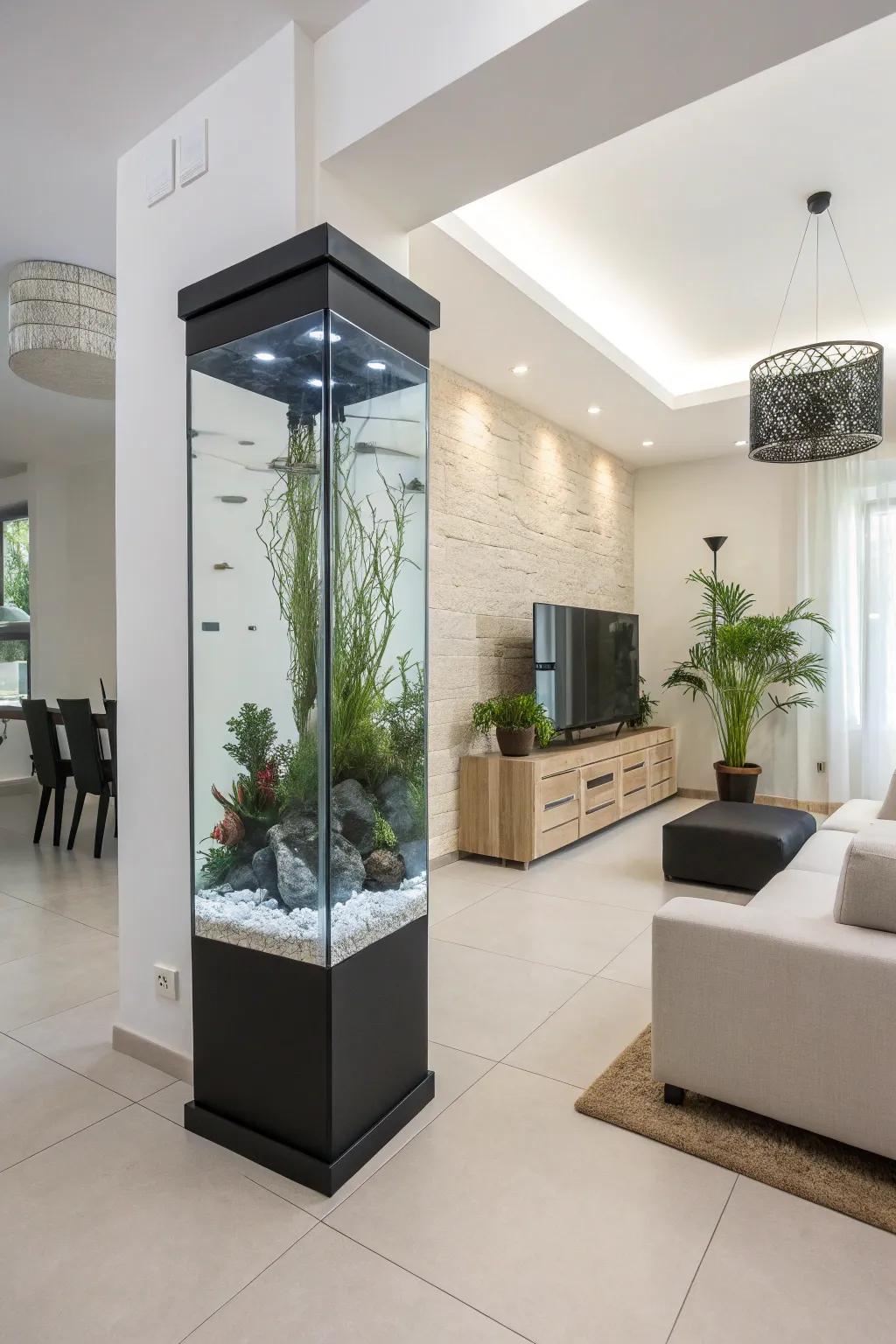 A sleek and minimalist upright aquarium layout.