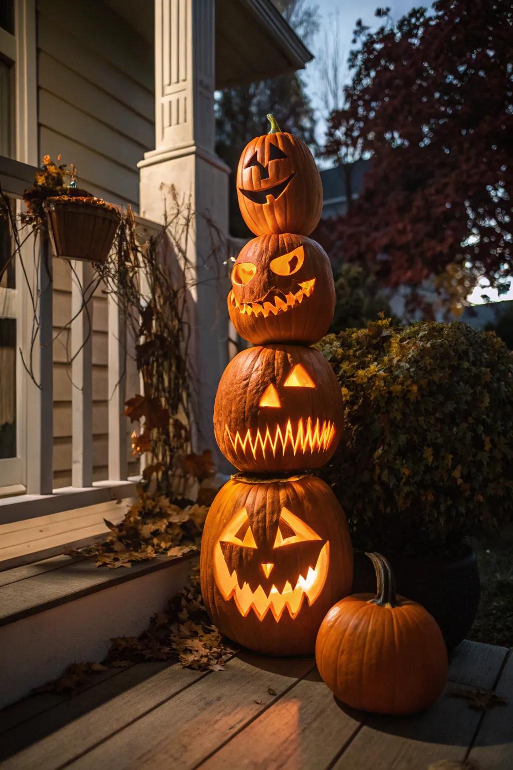 Craft a tower of terror featuring stacked pumpkins, each presenting an individual scary face.