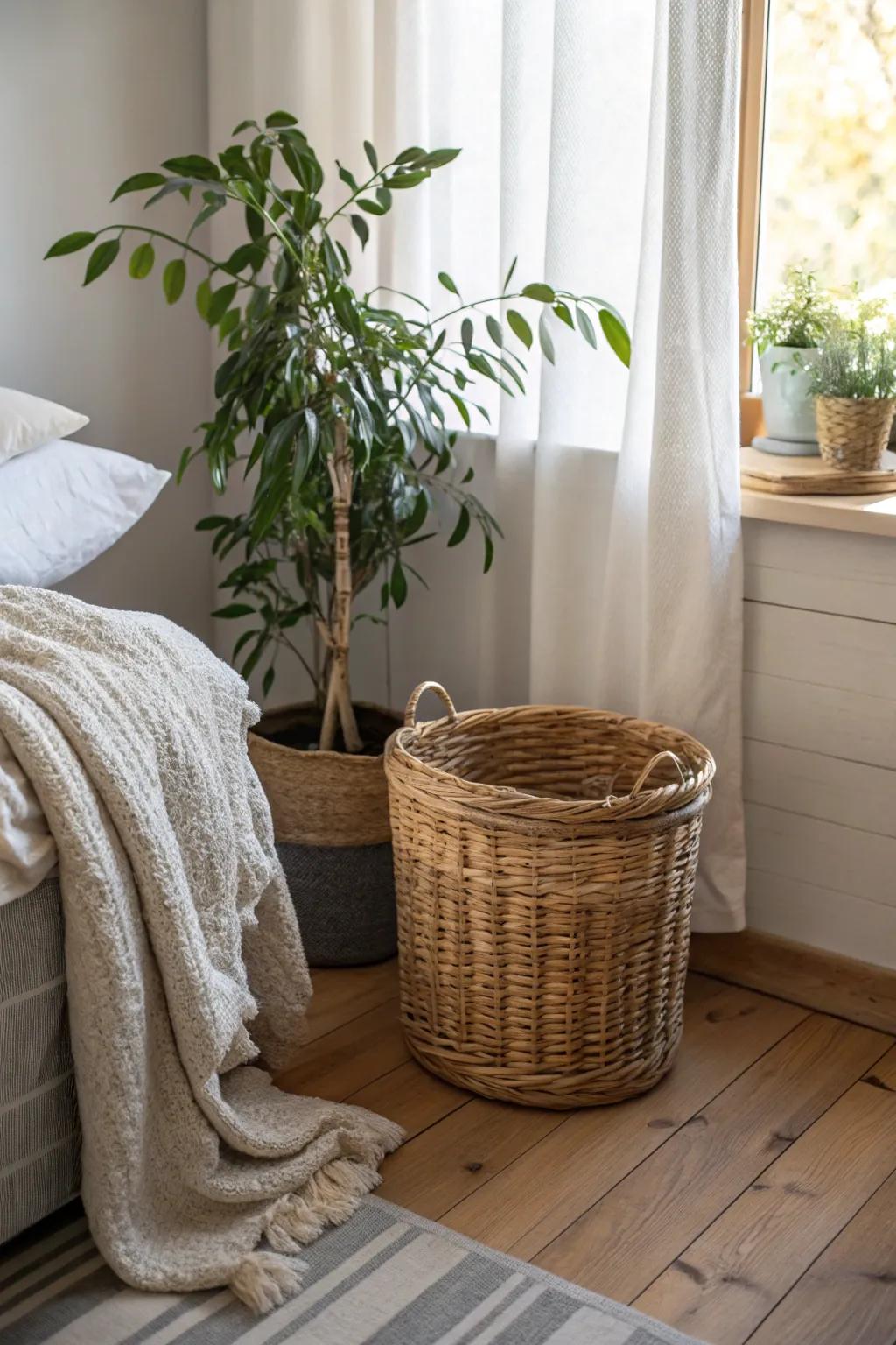 Elements from nature, like rattan and greenery, enhance the tan design.