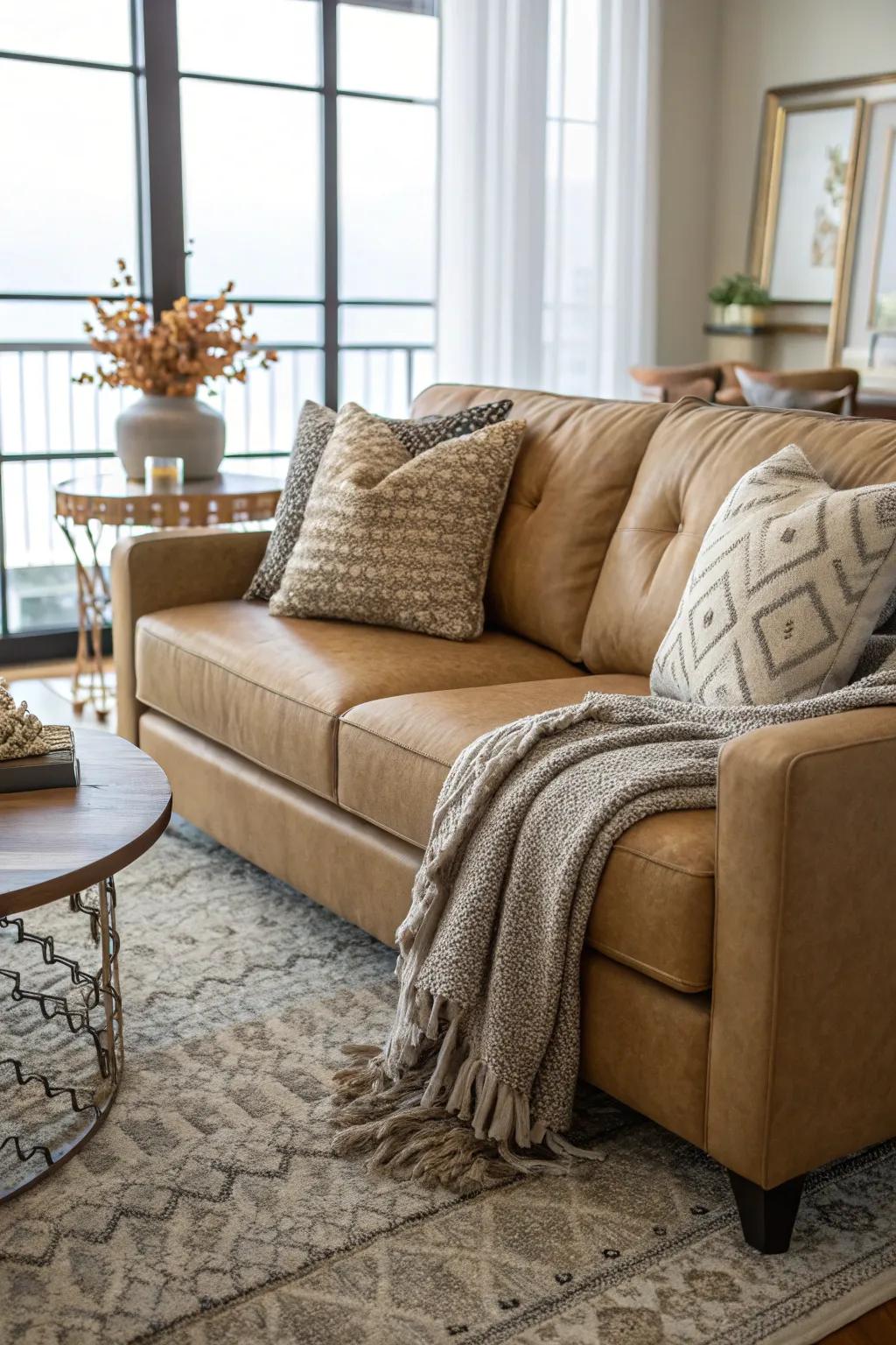 Textures introduce comfort and visual allure to a sand-toned sofa arrangement.