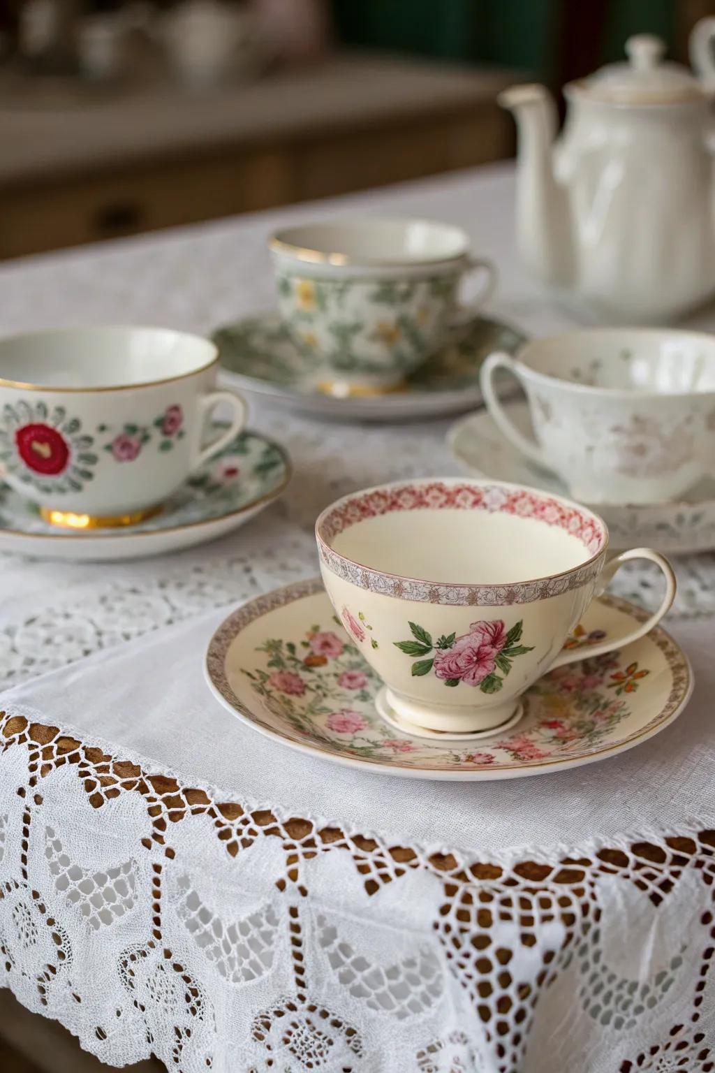 Classic tea sets with mixed designs create a whimsical tea party atmosphere.