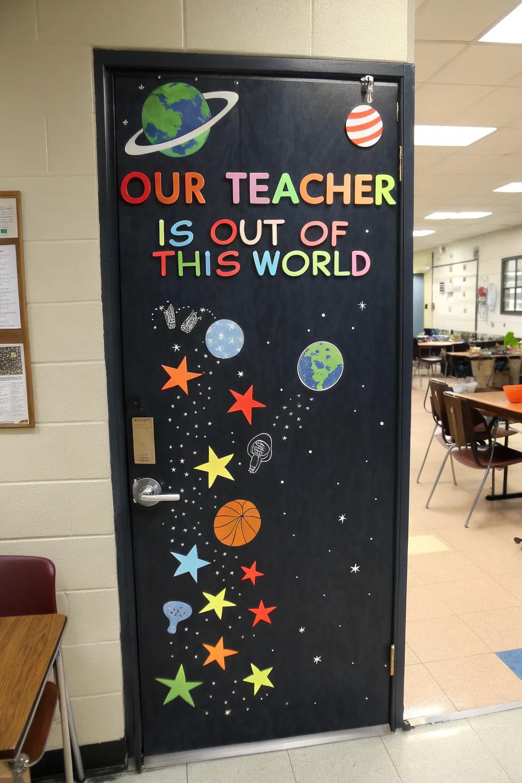 A cosmic-themed door design celebrating our amazing teachers.