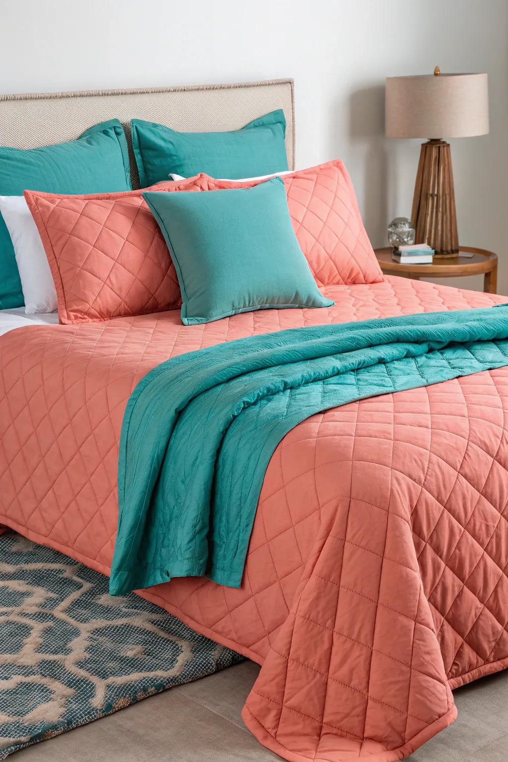 Coral bedding balanced with teal throws for a warm sensation.