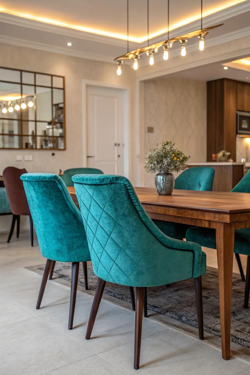 Sumptuous teal velvet chairs enhance the dining area
