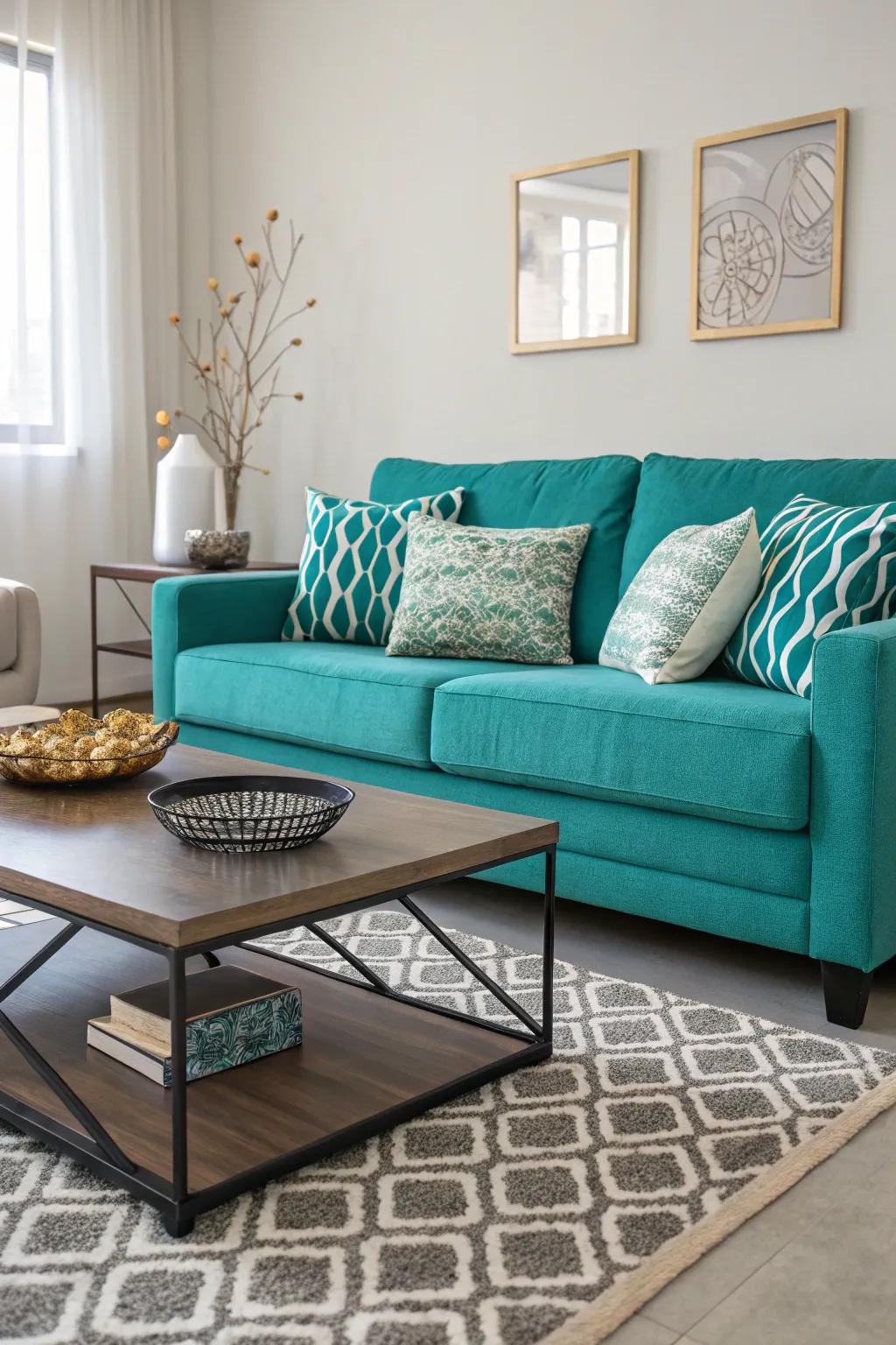 This comfortable living room features a teal sofa, which acts as a gorgeous centerpiece.