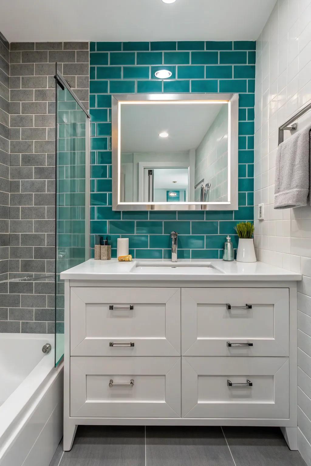 Make a bold statement with a teal tile accent wall.