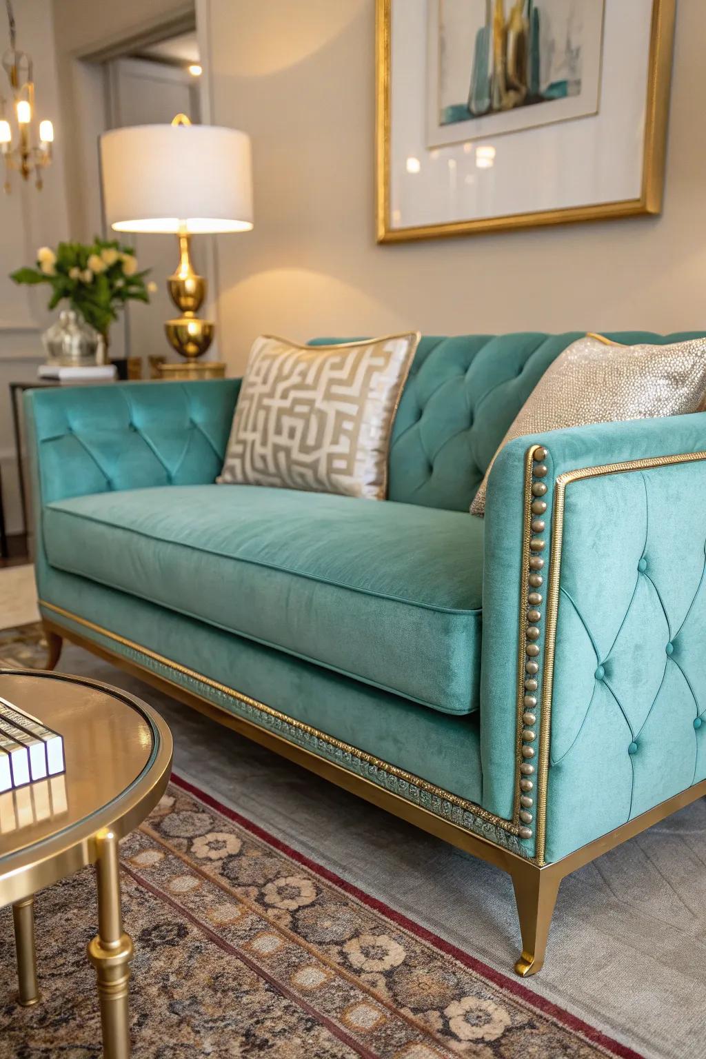 A turquoise sofa becomes the focal point with sophisticated metallic touches.