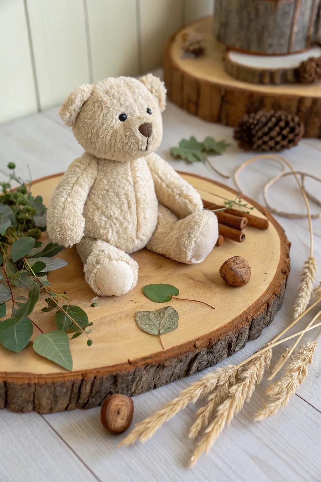 A touch of countryside with a cuddle toy on a tree disk base.