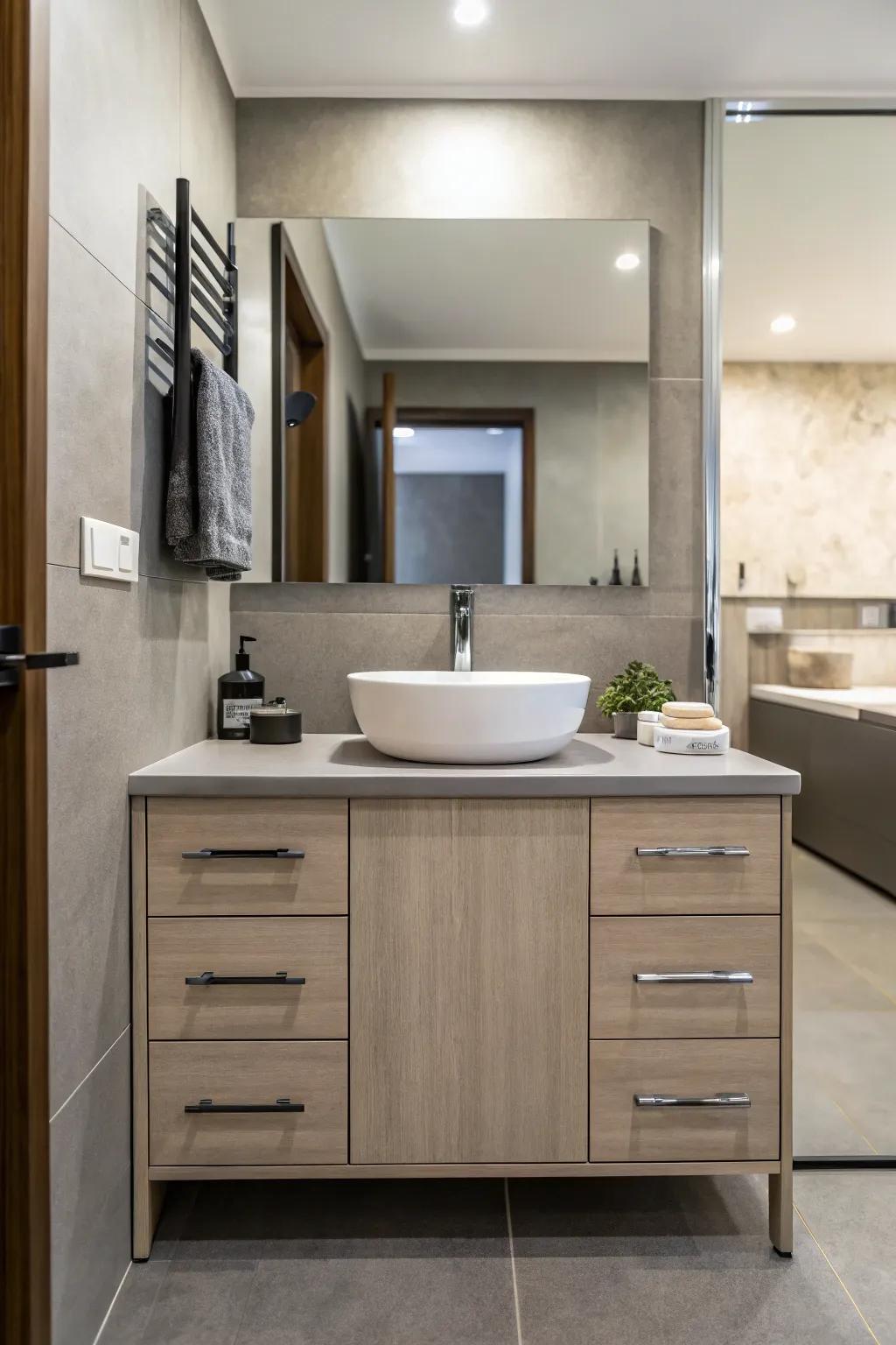 Modern pieces give a teen boy's bathroom a sleek and neat appearance.