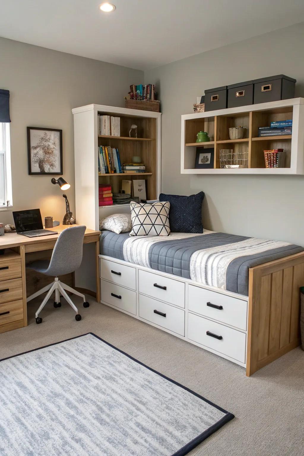 A teen boy's room showcasing adaptable furniture to optimize space.