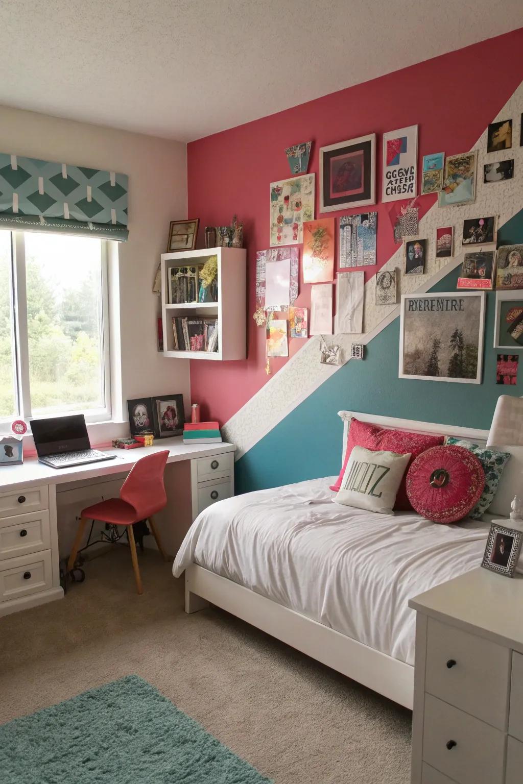 A statement accent wall incorporating flair and character to a teen girl's bedroom.