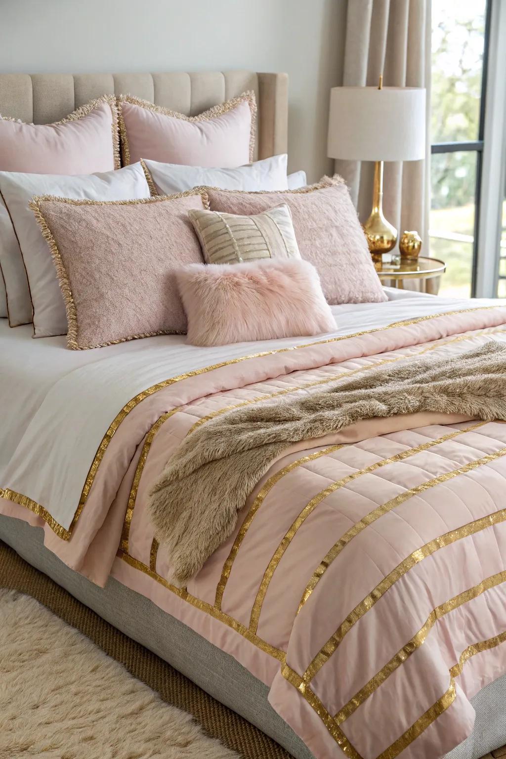 Layered bedding in blush and gold embodies comfort and elegance.