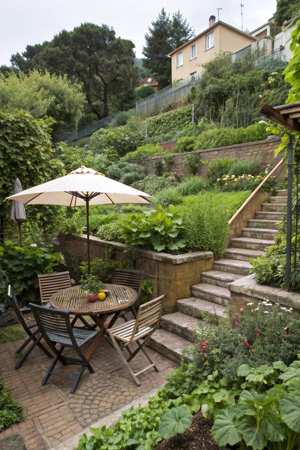 An attractive outdoor dining setup in a terraced garden, complete with shade and lush surroundings.