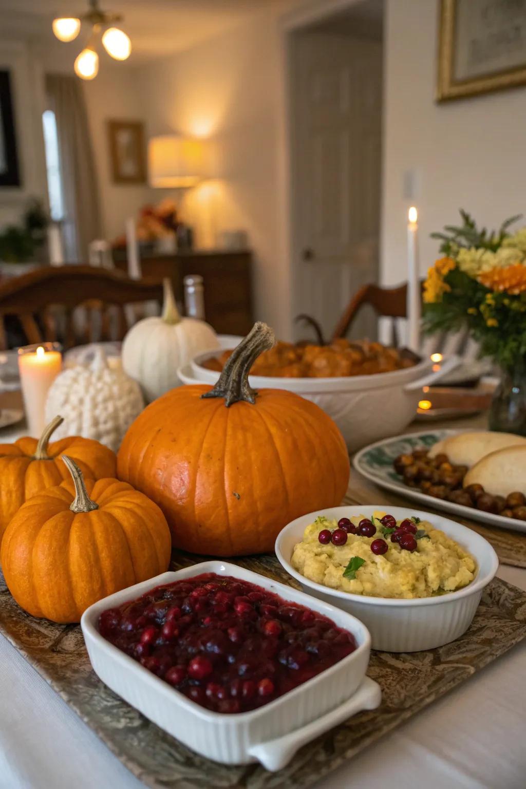 Pumpkins in various sizes compose a charming centerpiece.
