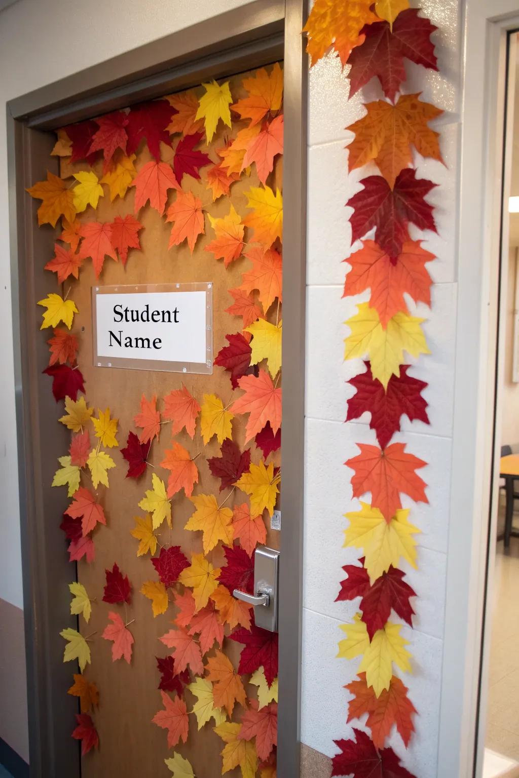 A vibrant display of autumn leaves, each bearing a student's name, adding a personal touch.