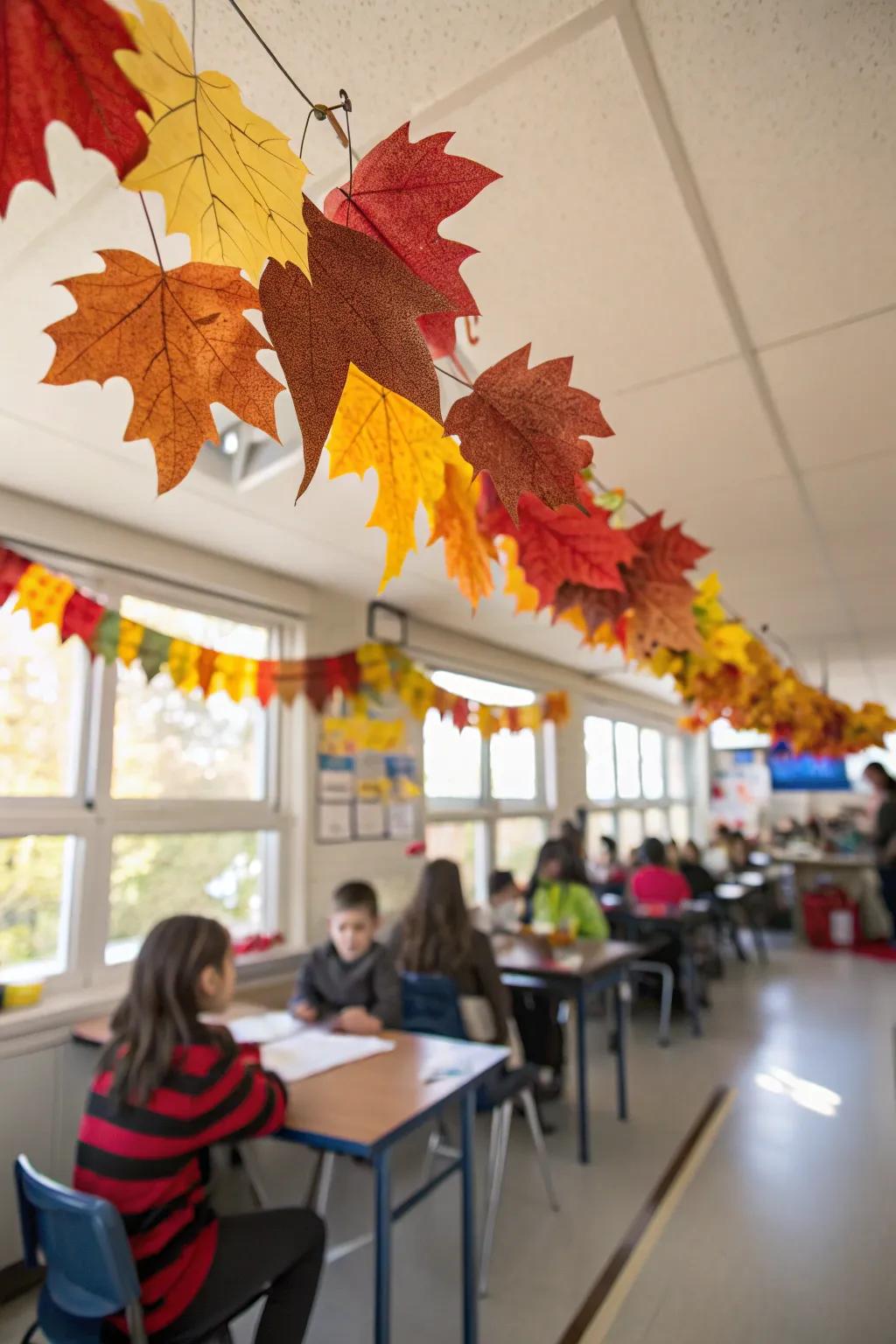An autumnal foliage chain introduces a burst of hue into the classroom.