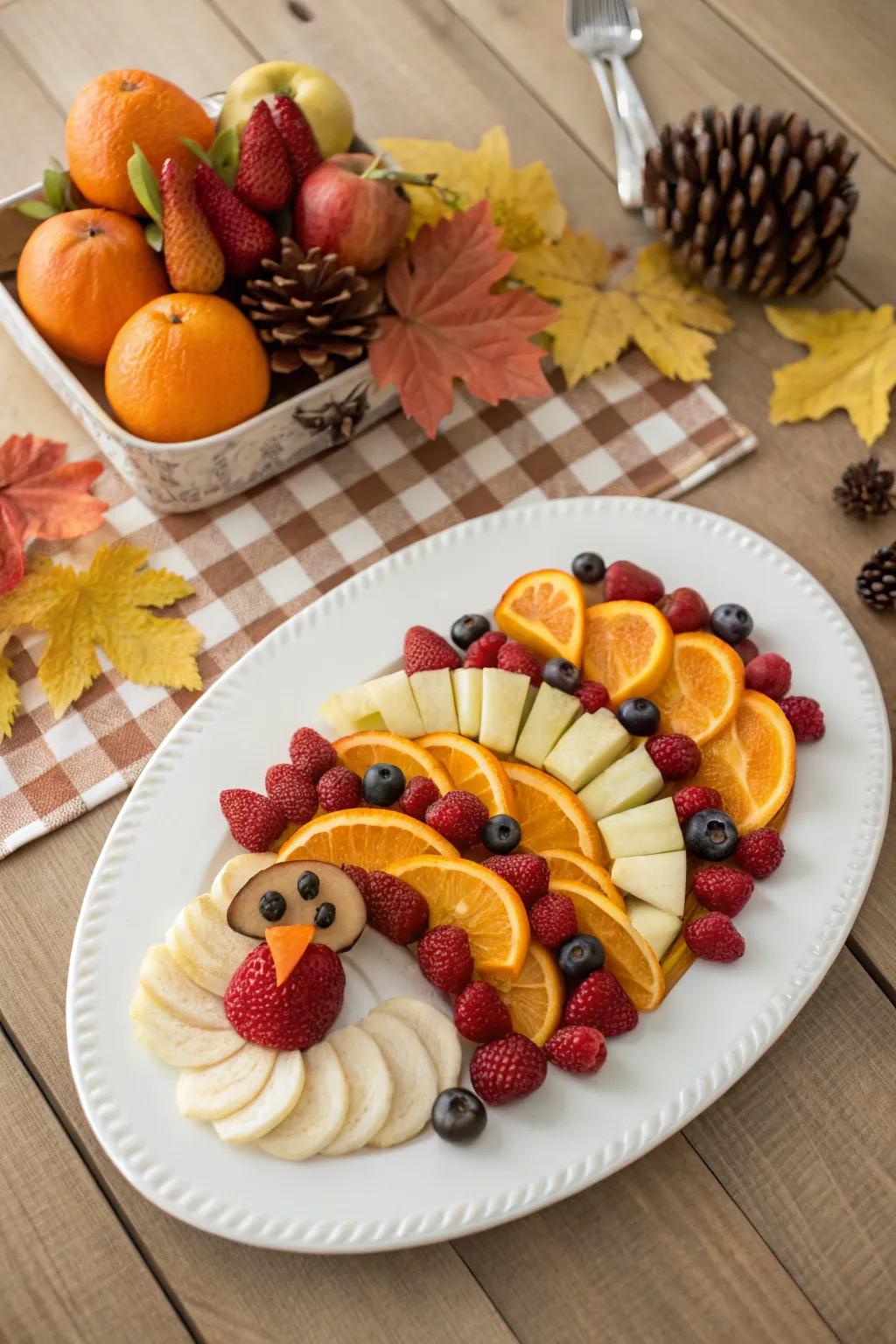 A playful and radiant turkey-themed fruit arrangement beloved by both children and adults.